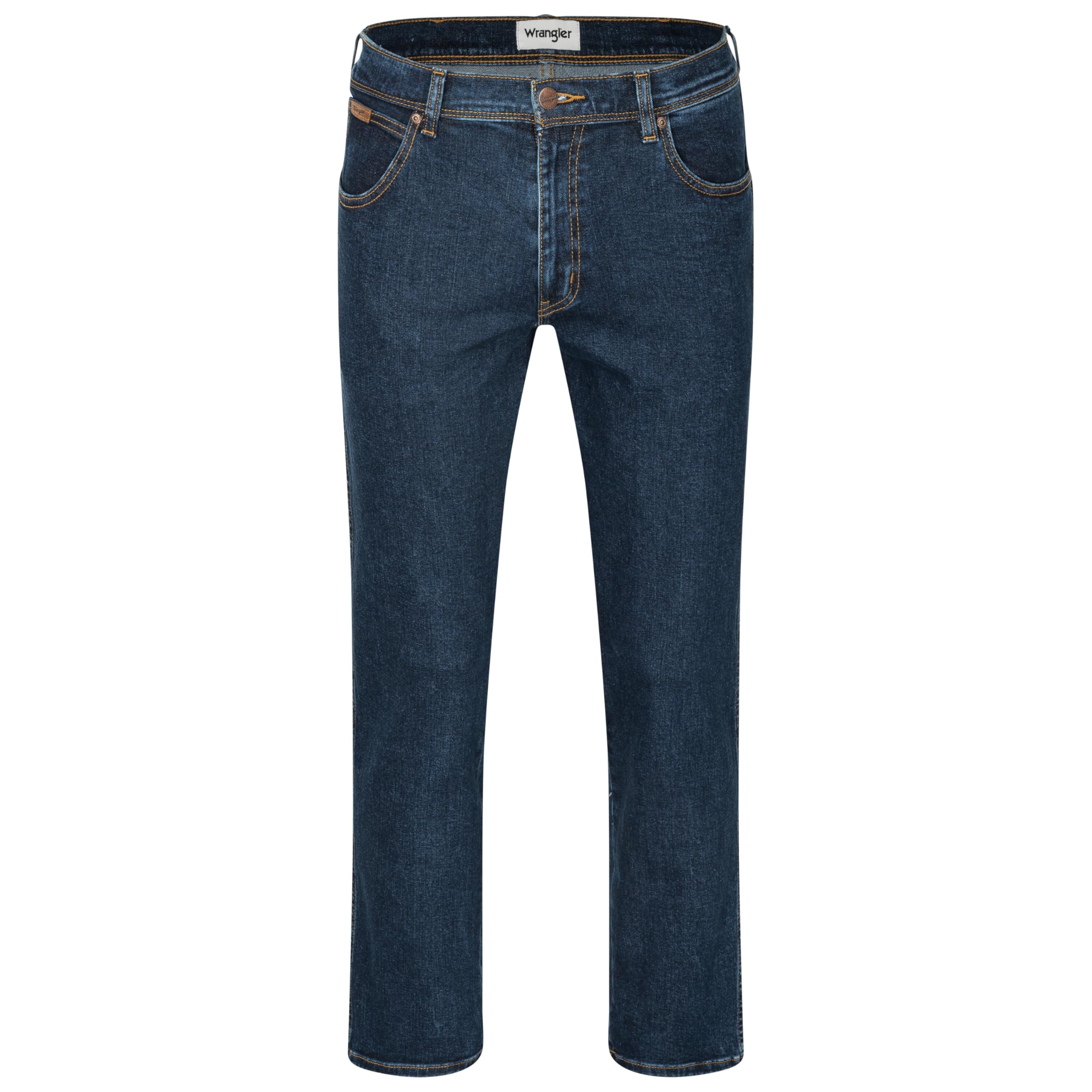 Wrangler Texas Herren-Stretchjeans Regular Fit Authentic Straight in verschiedenen Waschungen mit Gürtel in schwarz oder braun (W40/L36, Darkstone + schwarzer Gürtel)