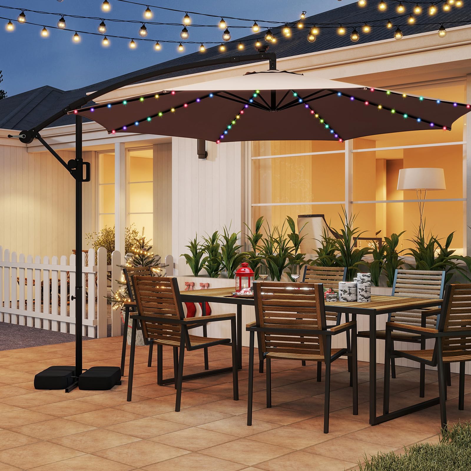 RELAX4LIFE Parasol Déporté 3x3M LED Solaire 96 Lumières 7 Modes (Marron)