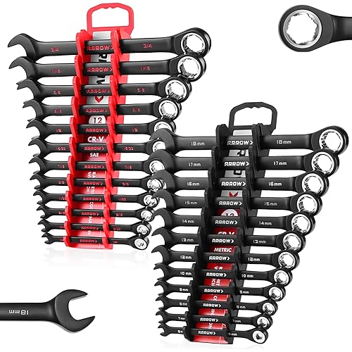 ARROW 24PCS Ratcheting Wrench Set Metric and Standard, Anti-Slip 6-18mm & 1/4"-3/4" Combination Ratchet Wrench Set with 2 Magnetic Tool Holders, CRV Material, 72-Teeth, Easy to Carry & Store