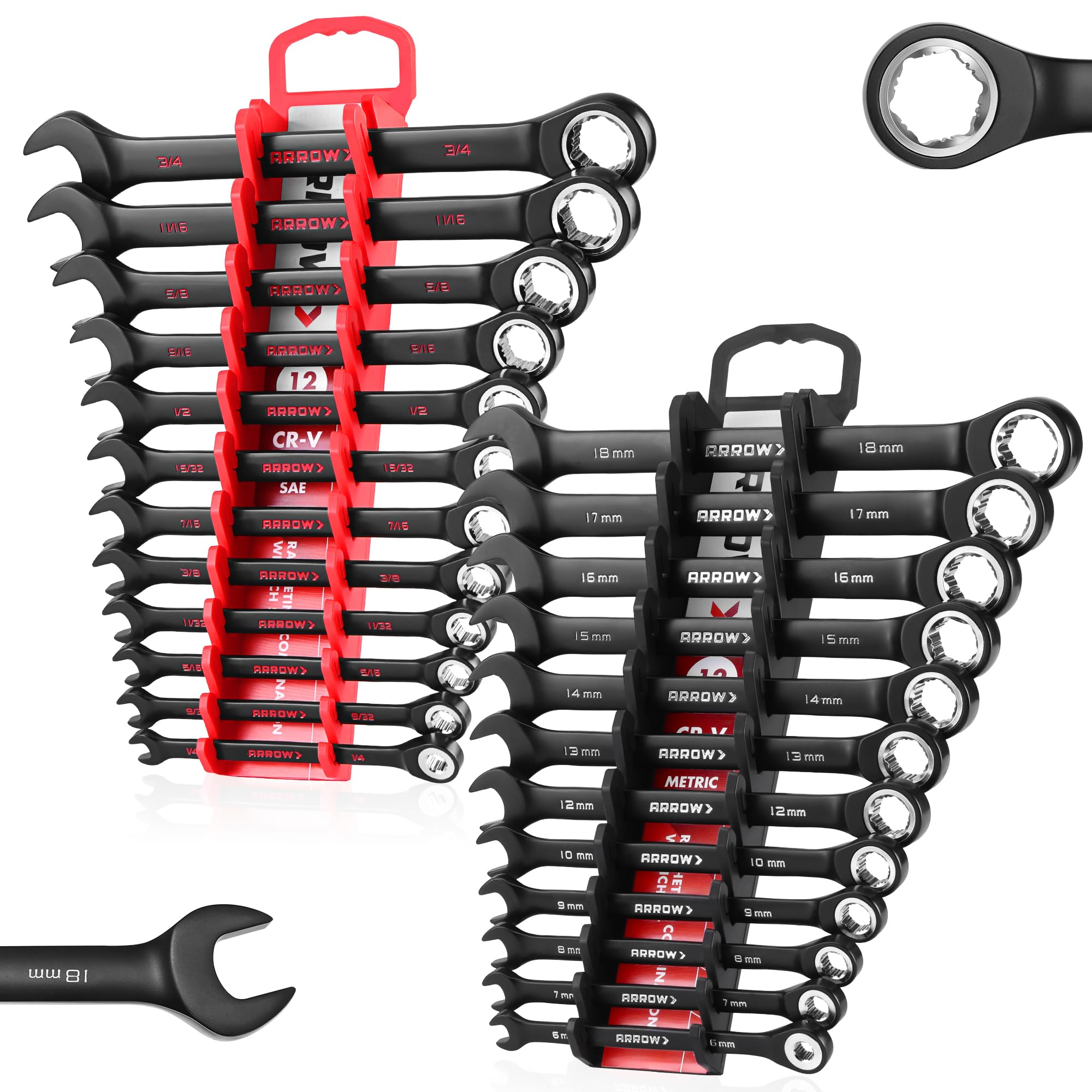 ARROW 24PCS Ratcheting Wrench Set Metric and Standard, Anti-Slip 6-18mm & 1/4"-3/4" Combination Ratchet Wrench Set with 2 Magnetic Tool Holders, CRV