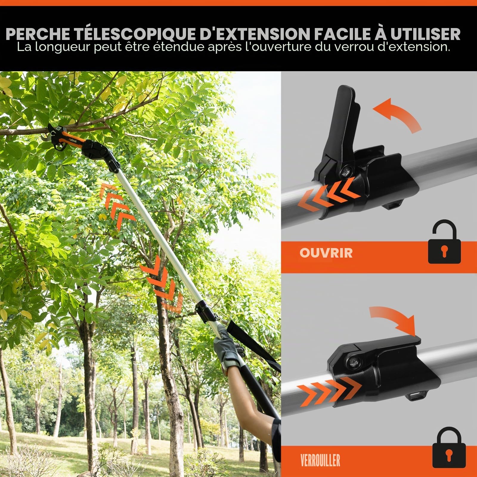 Kebtek Sécateur électrique sans fil de 40 mm avec tige d'extension, moteur sans balais 18 V, 2 Ah, batterie rechargeable, écran LCD (KT940-SET)