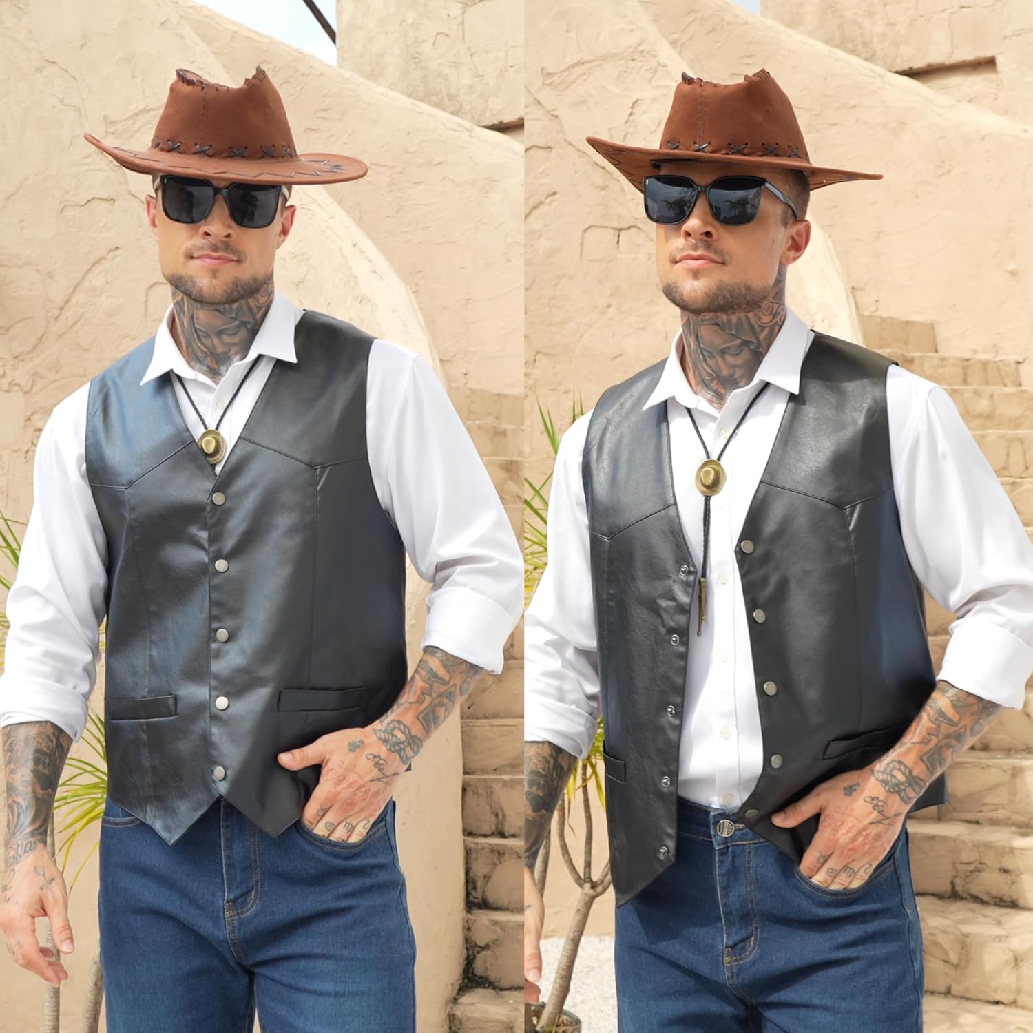 Men Western Cowboy Vest,Vintage Cowboy Suit Vest with Bolo Tie,Slim Wedding Vests,Faux Leather Casual Vest - Image 6