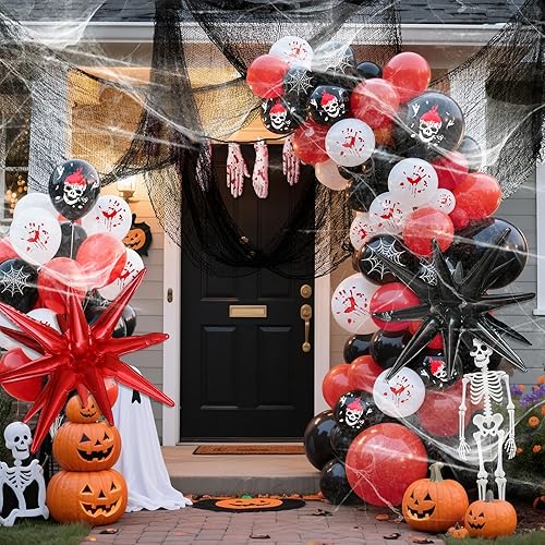 Miniatura 9 de Winrayk Kit de arco de guirnalda de globos de Halloween, rojo, negro, blanco, mano sangrienta, enorme, globo, telaraña, tela espeluznante, manos