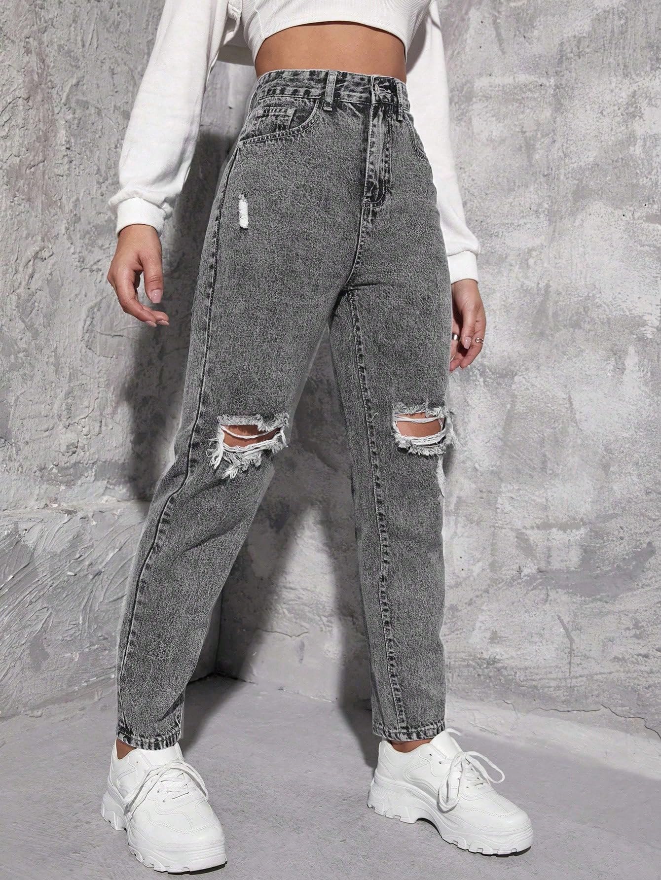 AVANOVA Normalna moda damska jednokolorowe dżinsy Mom Fit z teksturą szlifowania