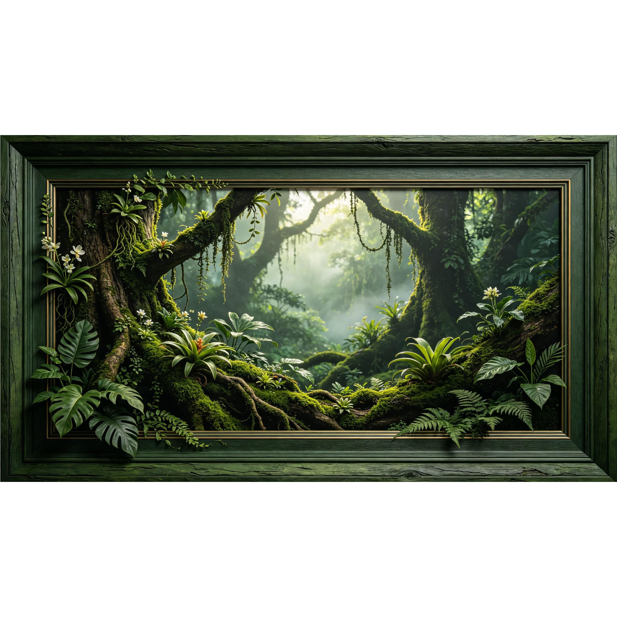 QZLITHOTIC 50x90cm3D Framed Wall Art， Tropical Jungle Botanical Forest Self‑Adhesive Mural， Water‑Activated Peel & Stick Fabric Decor Wall Decal for Bedroom Living Room