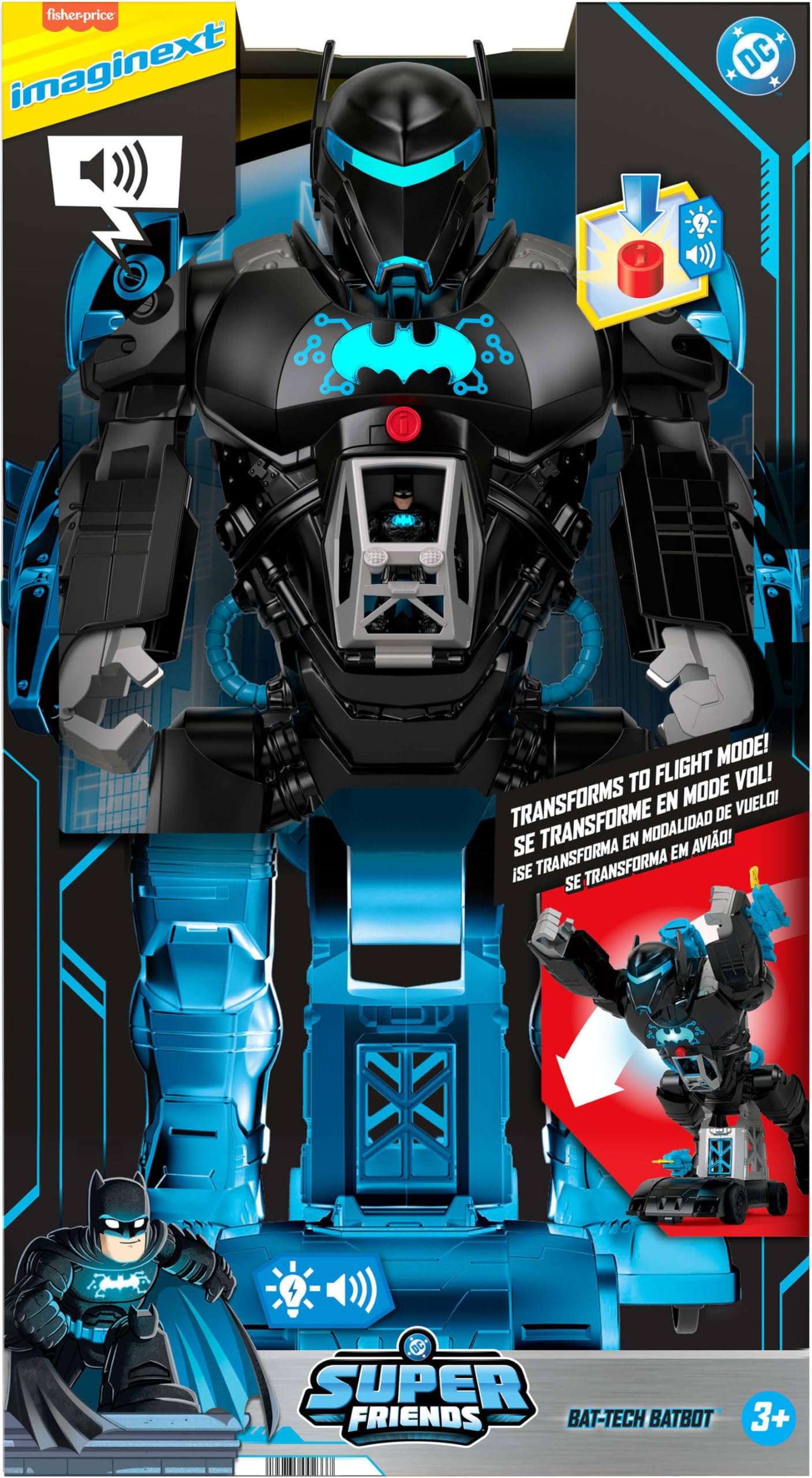 Fisher-Price Imaginext DC Super Friends Batbot Bat-Tech, transformujący robot Batmana 2-w-1, zestaw ze światełkami i dźwiękami, dla dzieci w wieku od 3 do 8 lat, HBV67