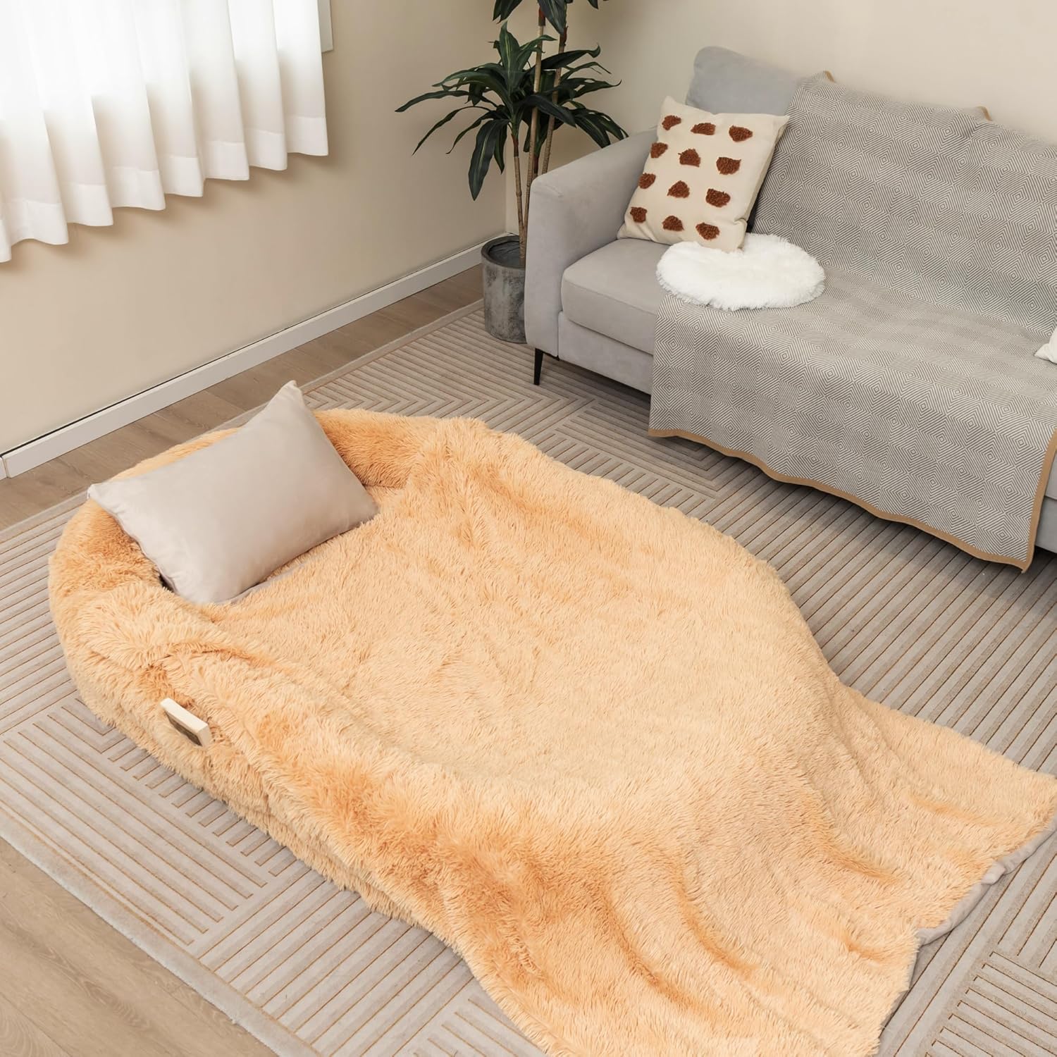 PETSITE Human Dog Bed, Large Human Dog Bed for Adult with Washable Fluffy Faux Fur Cover, Orthopedic Egg Crate Foam Filled, Soft Blanket, Pillow, Strap, Human Sized Dog Bed, 68 x 46 x 10 Inch (Brown)