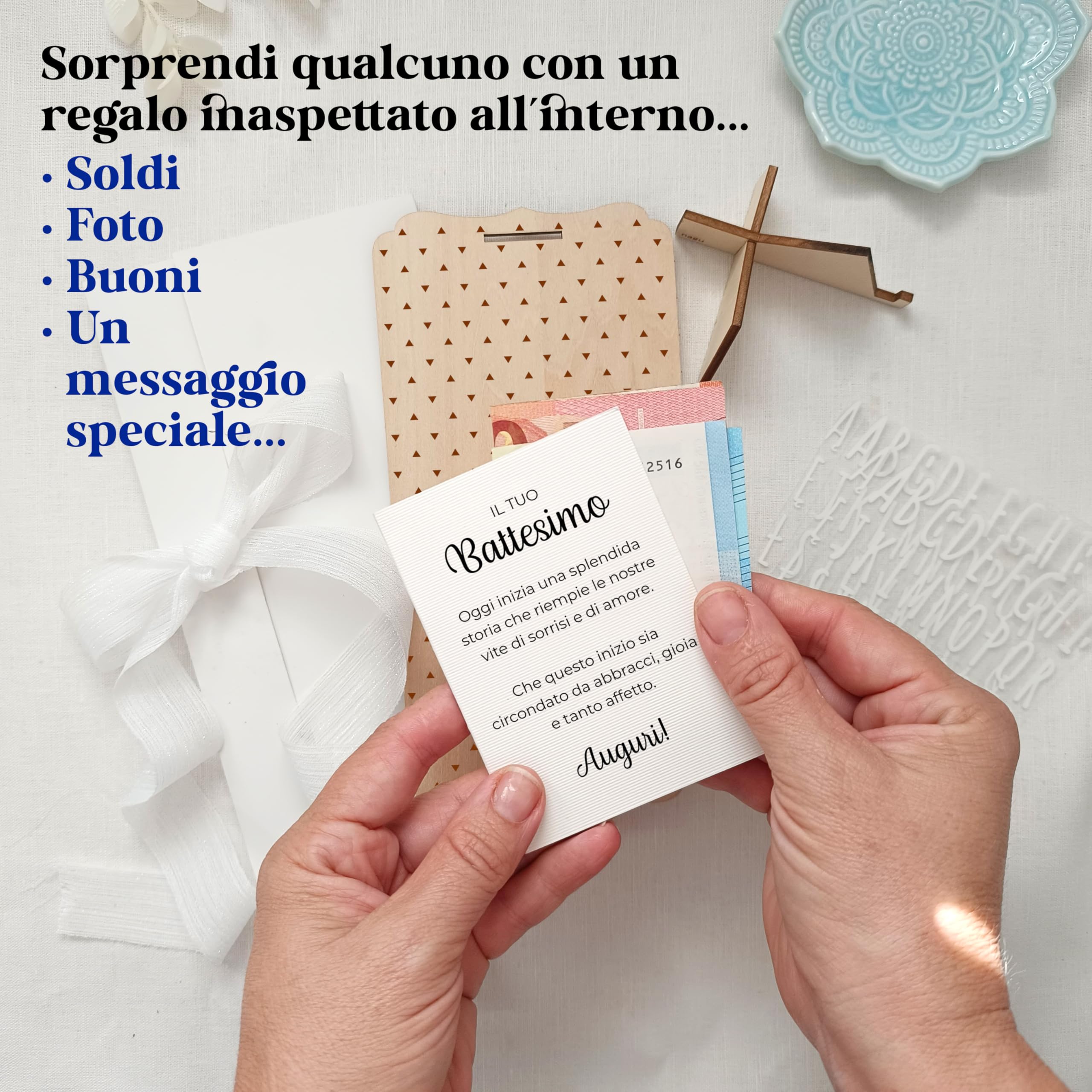 Battesimo carta personalizzata in legno nagu® regalo bambino fiocco busta supporto lettere foto