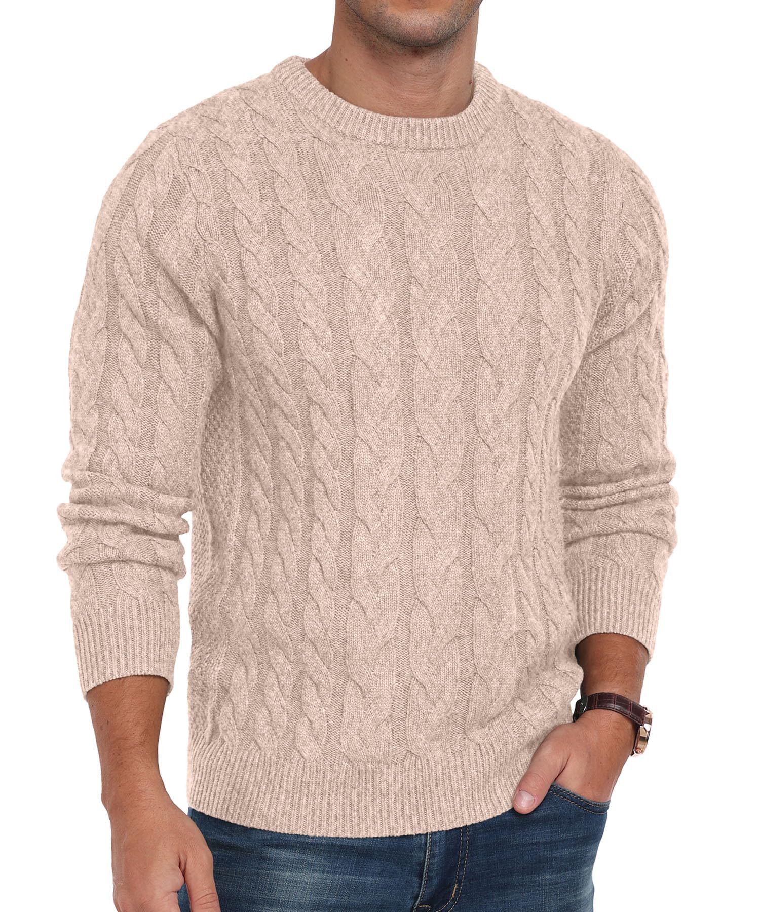 Askdeer Men's Pullover Sweater Cable Knit Chunky Sweater Classic Casual Crewneck Sweaters with Ribbing Edge