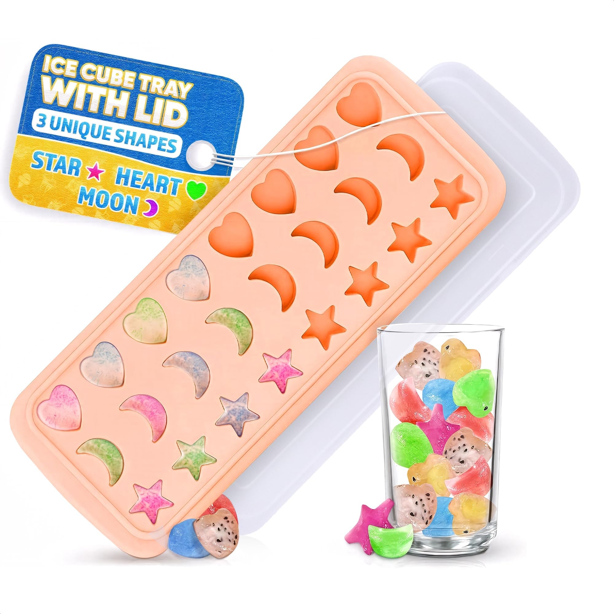 Photo 1 of Mini Star Ice Cube Tray with Lid & Pipette – Stars, Moons & Hearts that Pop Right Out – 24 Cavities Cute Ice Cube Tray, Flexible Silicone, Reusable | for 4th of July Cocktails, Parties & Desserts