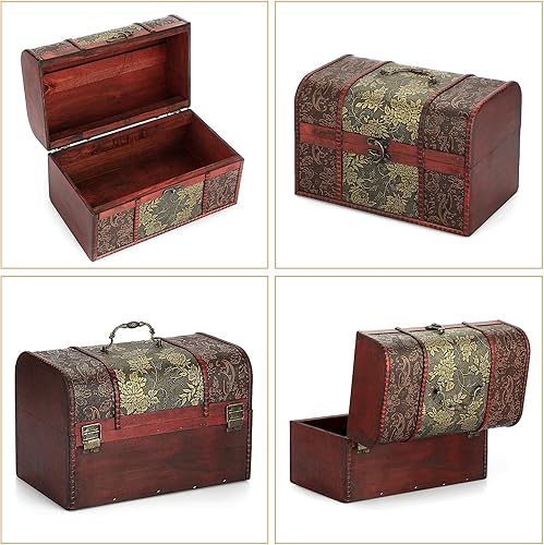 Miniatura 3 de ELLDOO Caja de cofre del tesoro vintage, caja de recuerdos pirata para regalos de niños, caja de almacenamiento de tesoros de madera, caja