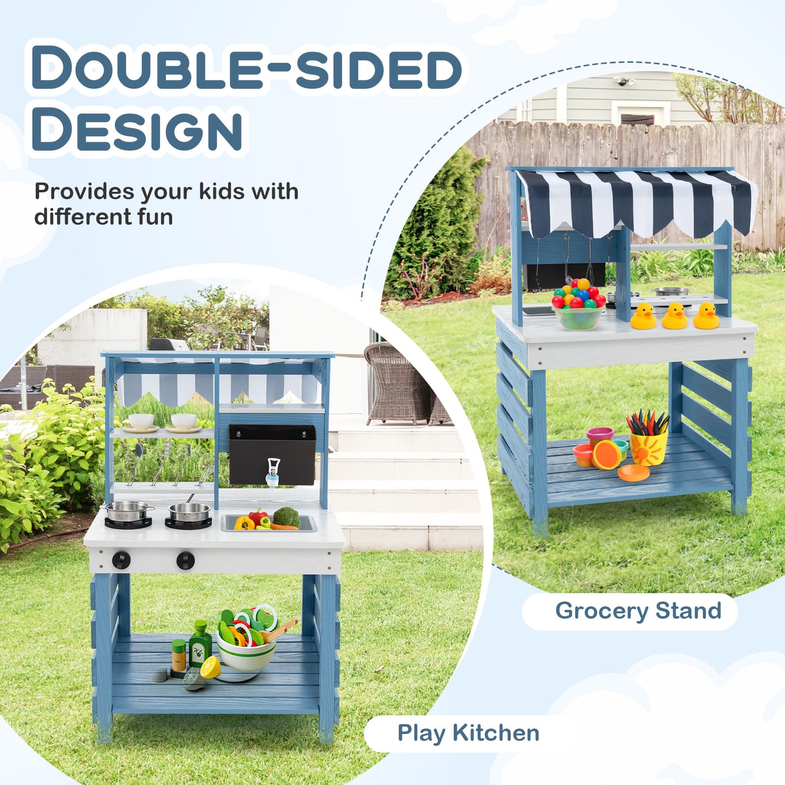 Costzon 2 in 1 Mud Kitchen, Double-Sided Fir Wood Kids Kitchen Playset & Pretend Grocery Store with Stoves, Sink, Running Water Box, Accessories, Mud Table, Outdoor Play Kitchen for Boys Girls