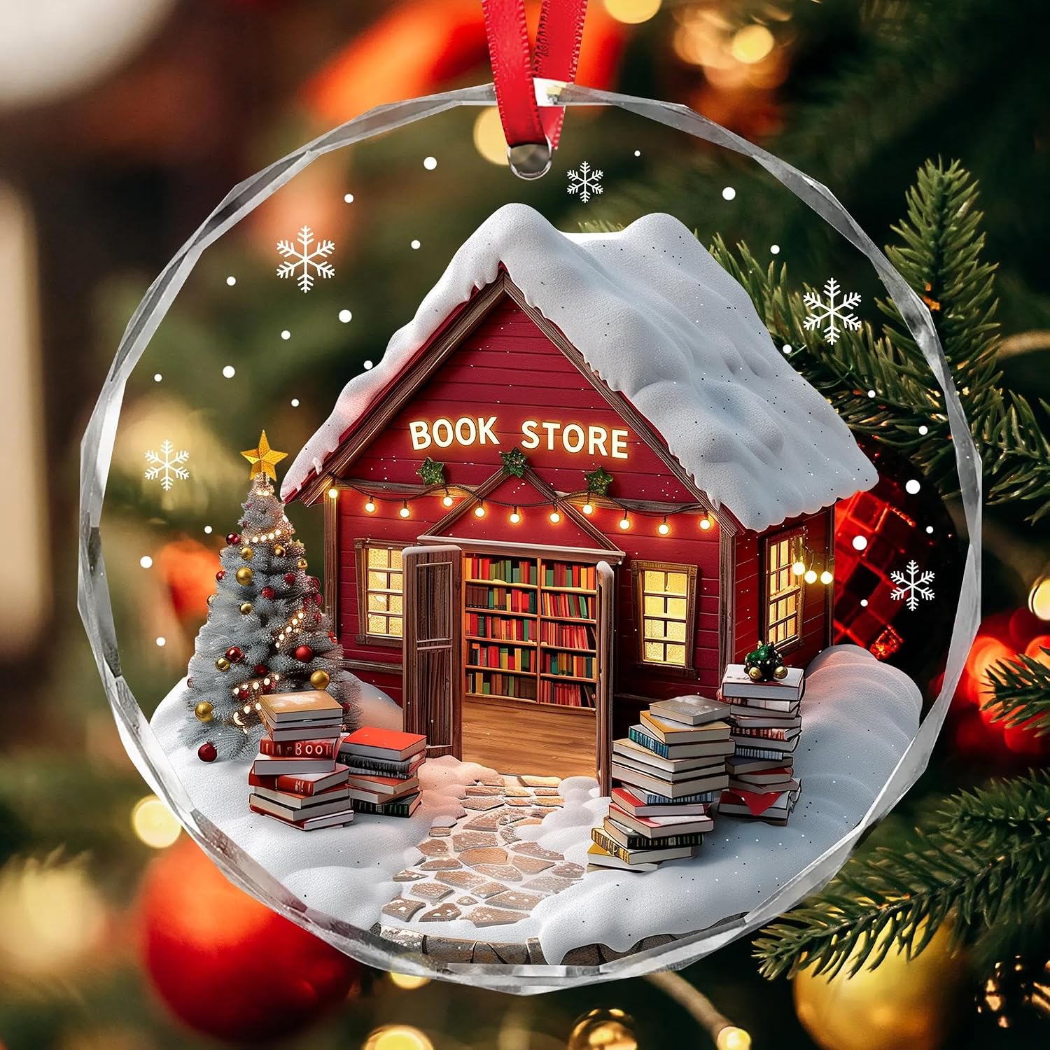 Bookstore Christmas Glass Ornament W/Ribbons & Gift Box, Book Lovers Ornaments for Christmas Tree Hanging Decorations, Book-Lover Gifts for Book Club. Women, Bookworm Librarian Girls Daughters Sister image 2
