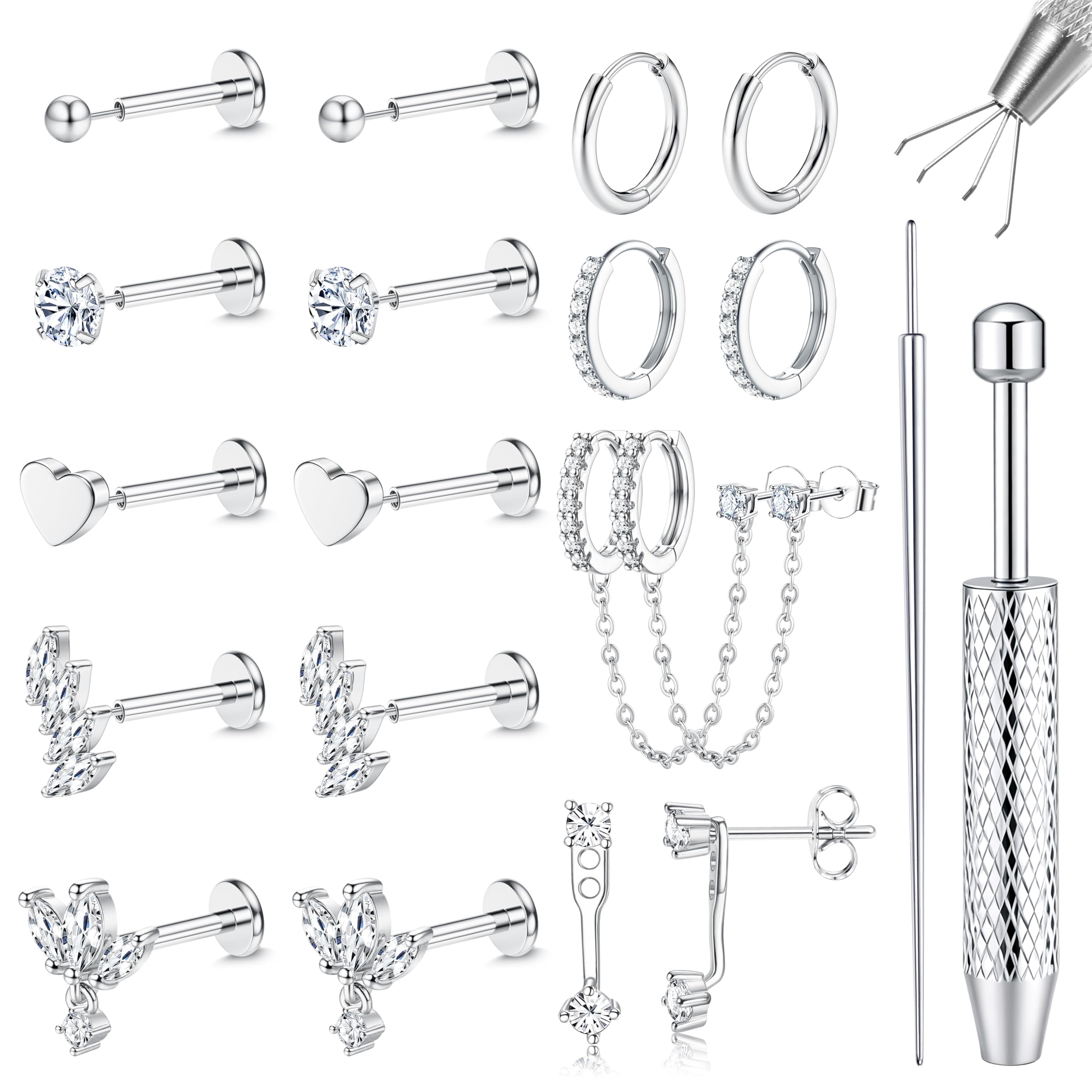 Pendientes de Tuerca con Parte Trasera Plana de 16G/18G/20G para Mujer, hipoalergénicos