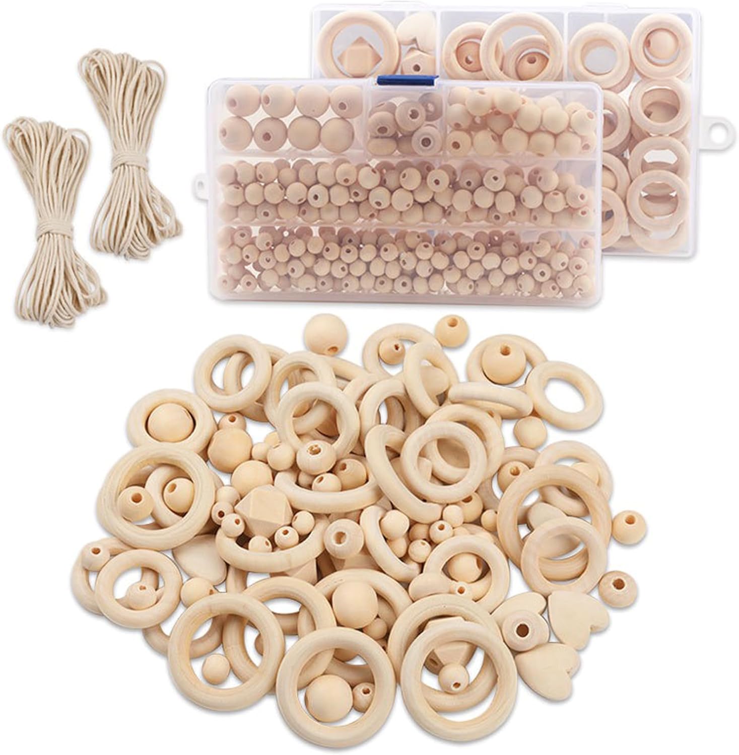 AEAOA Unfinished Wooden Beads and Rings Set, 372 Beads, 42 Rings, 8-40mm