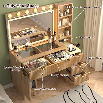 43 Fluted Makeup Vanity Desk with 32 Mirror and Lights, Modern Glass Top Large Vanity Table with 5 Drawers and 2 Storage Cabinets, Dressing Table Set with Charging Station for Bedroom-Gold