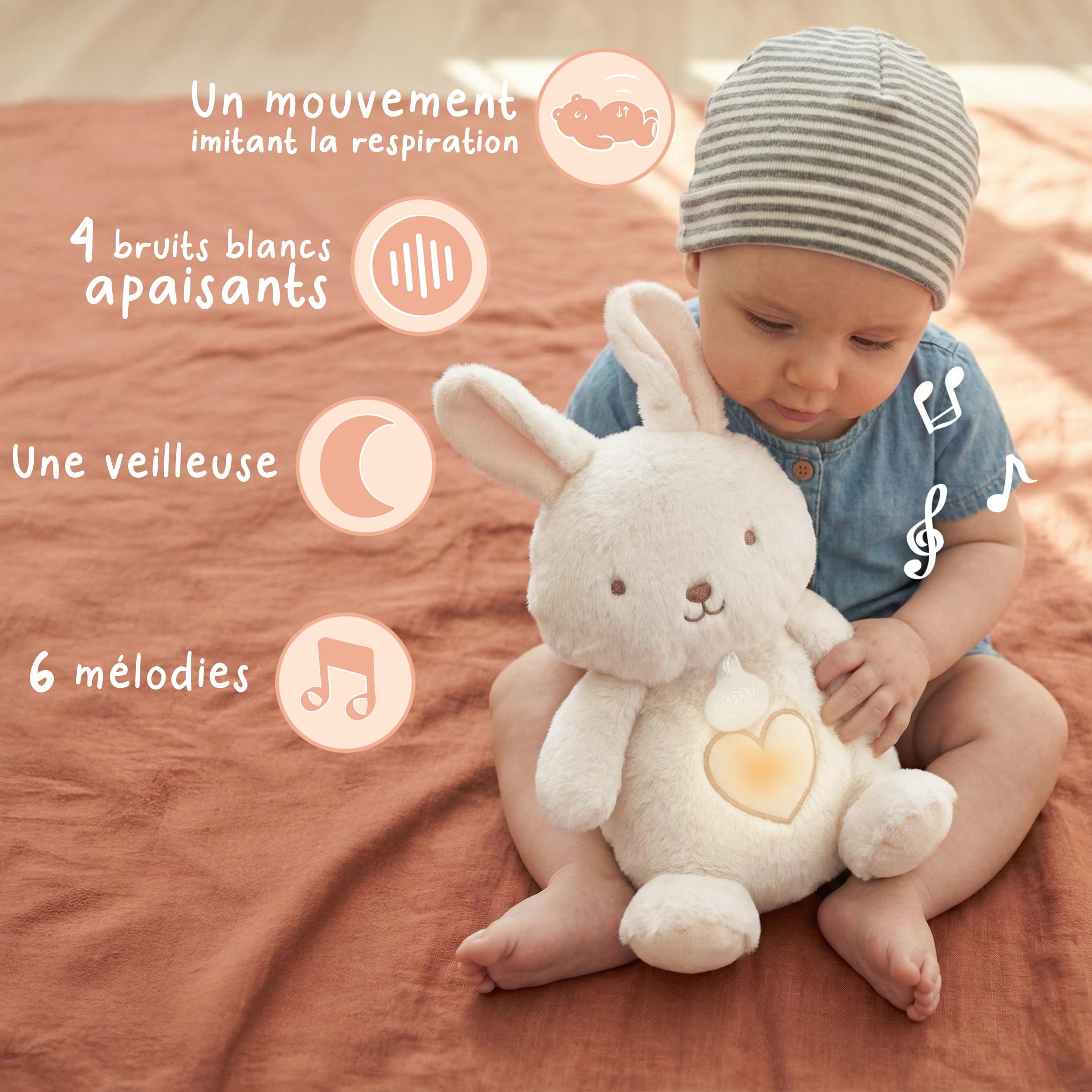 Doudou et Compagnie - Atmungsaktives Plüschtier Hase, 28 cm – Plüschtier mit Musik, Nachtlicht – beleuchtet mit Atmungsbewegung – Schlafhilfe für Babys – Geschenk zur Geburt Mädchen Jungen – DC4685