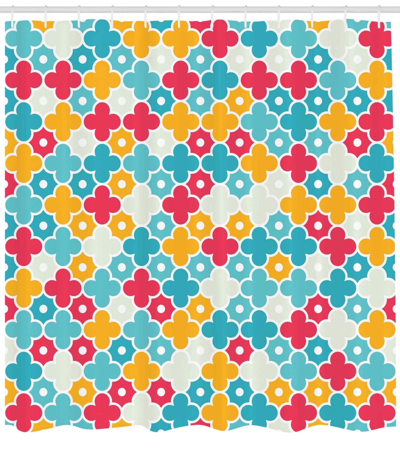 Ambesonne Quatrefoil Shower Curtain, Colorful Petal Clover Leaves Pattern Bohemian Casual Theme, Cloth Fabric Bathroom Decor Set with Hooks, 69