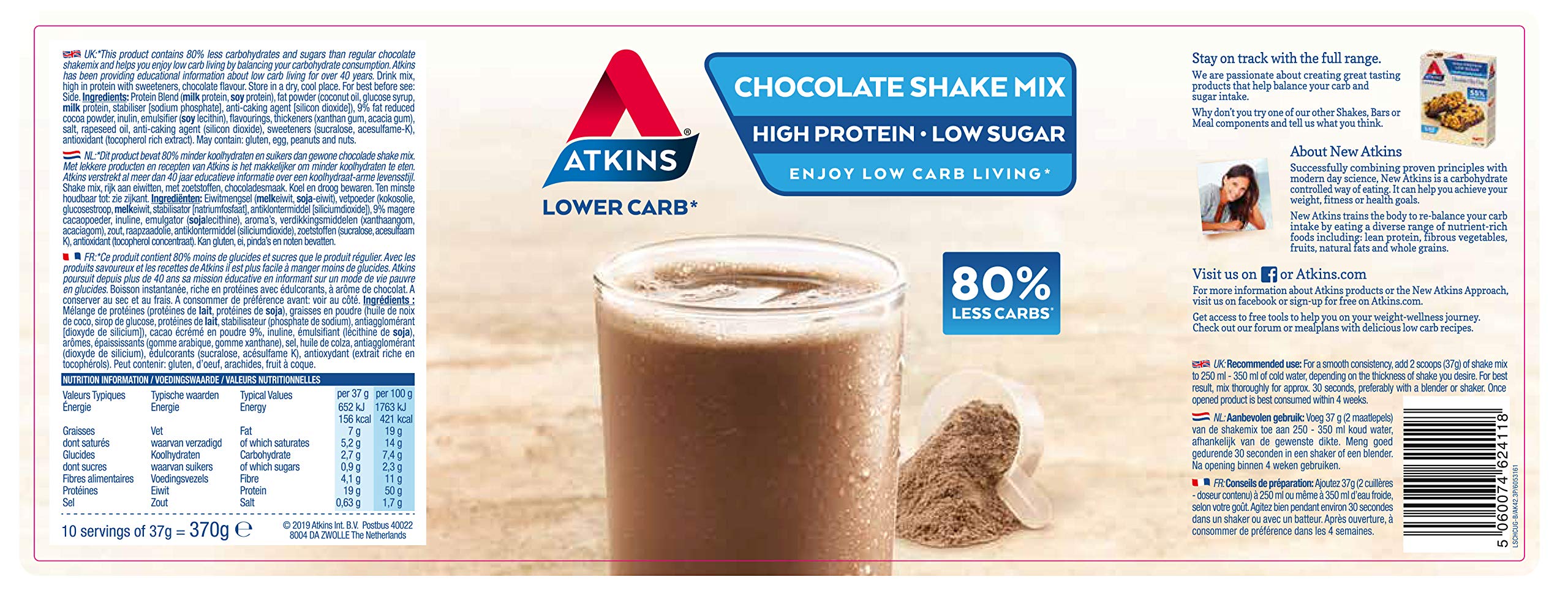 Atkins High Protein Shake Powder, Keto, Low Carb, Low Sugar, Chocolate