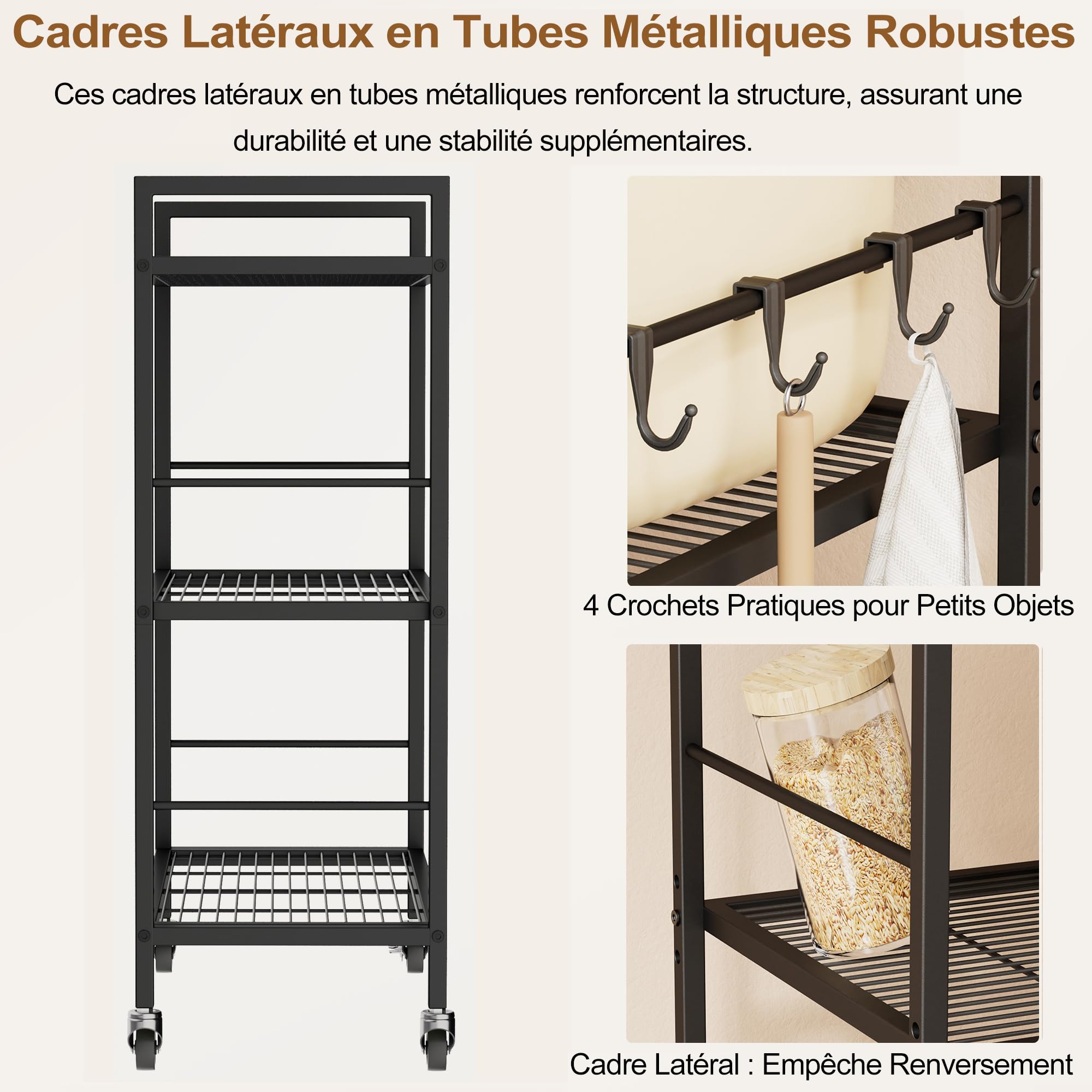 Desserte à roulettes Cuisine Rangement,Chariot de Cuisine (Cadre Noir + Panneau Marron, 3 Niveaux (40 x 60 x 84.7 cm)