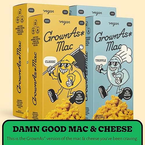 Miniatura 4 de GrownAs Macarrones y queso veganos, paquete variado de 4  Sabor clásico y real de trufa, sin lácteos, aperitivo alto en proteínas, fácil de
