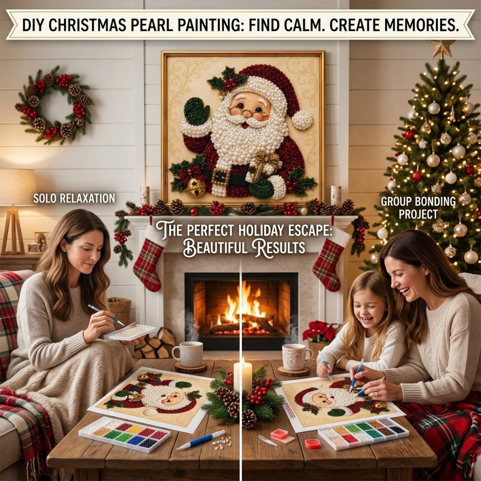 Zestaw 3D Pearl Christmas Wall Art Kit, oprawiony zestaw do malowania diamentowego DIY z koralikiem
