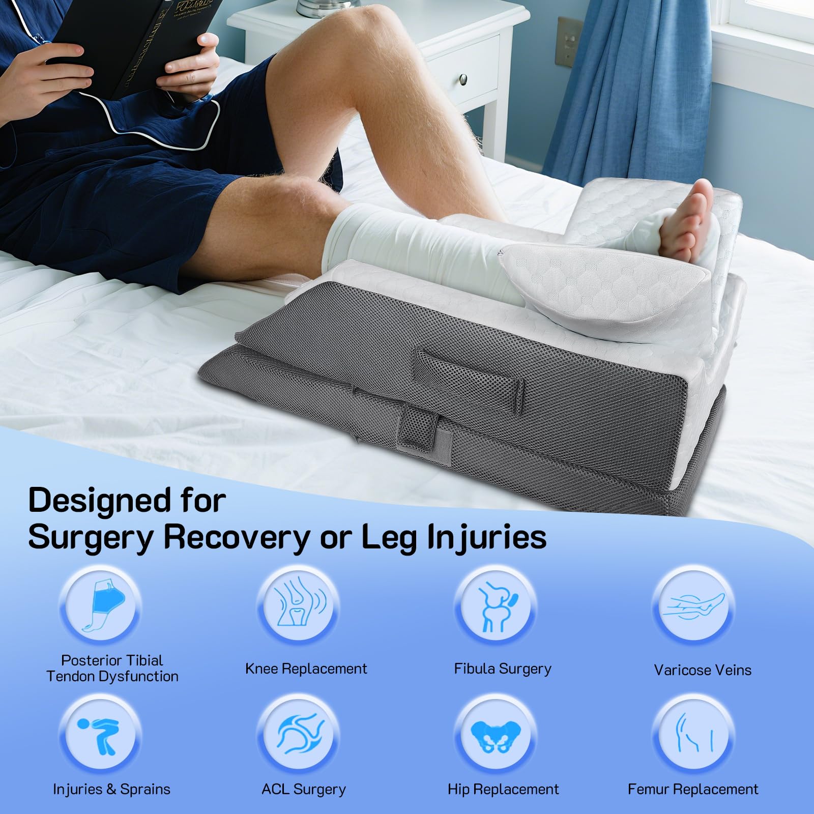 Almohada para piernas de espuma viscoelástica con forma de U ergonómica para hinchazón, dolor de rodilla y recuperación postoperatoria, diseño de 45°, base antideslizante