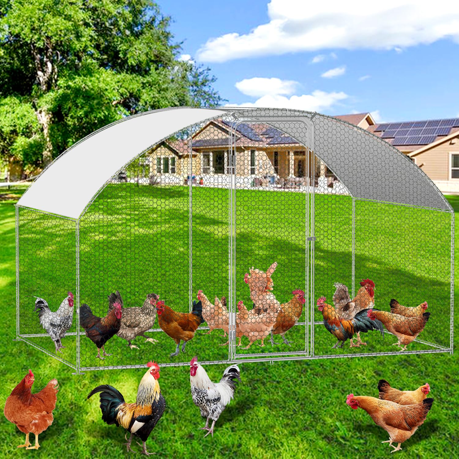 Fiqops Gallinero de 3 x 2 x 2 m, acero galvanizado, gallinero con cerradura y paño impermeable de polietileno, para jaula de pollos, jaula de pájaros, animales pequeños y plantas