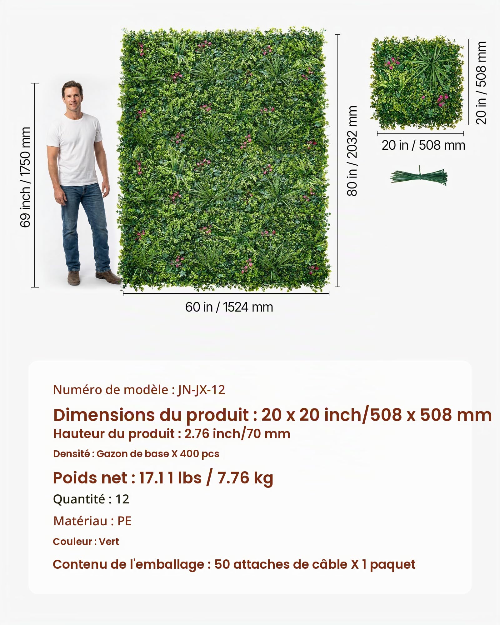 VEVOR Mur Végétal Artificiel 50,8x50,8 cm Haie Artificielle Lot de 12 Panneaux Feuillage Artificiel Brise Vue de Balcon pour Décoration, Mariage, Intérieur et Extérieur, Clôture de Jardin, Terrasse