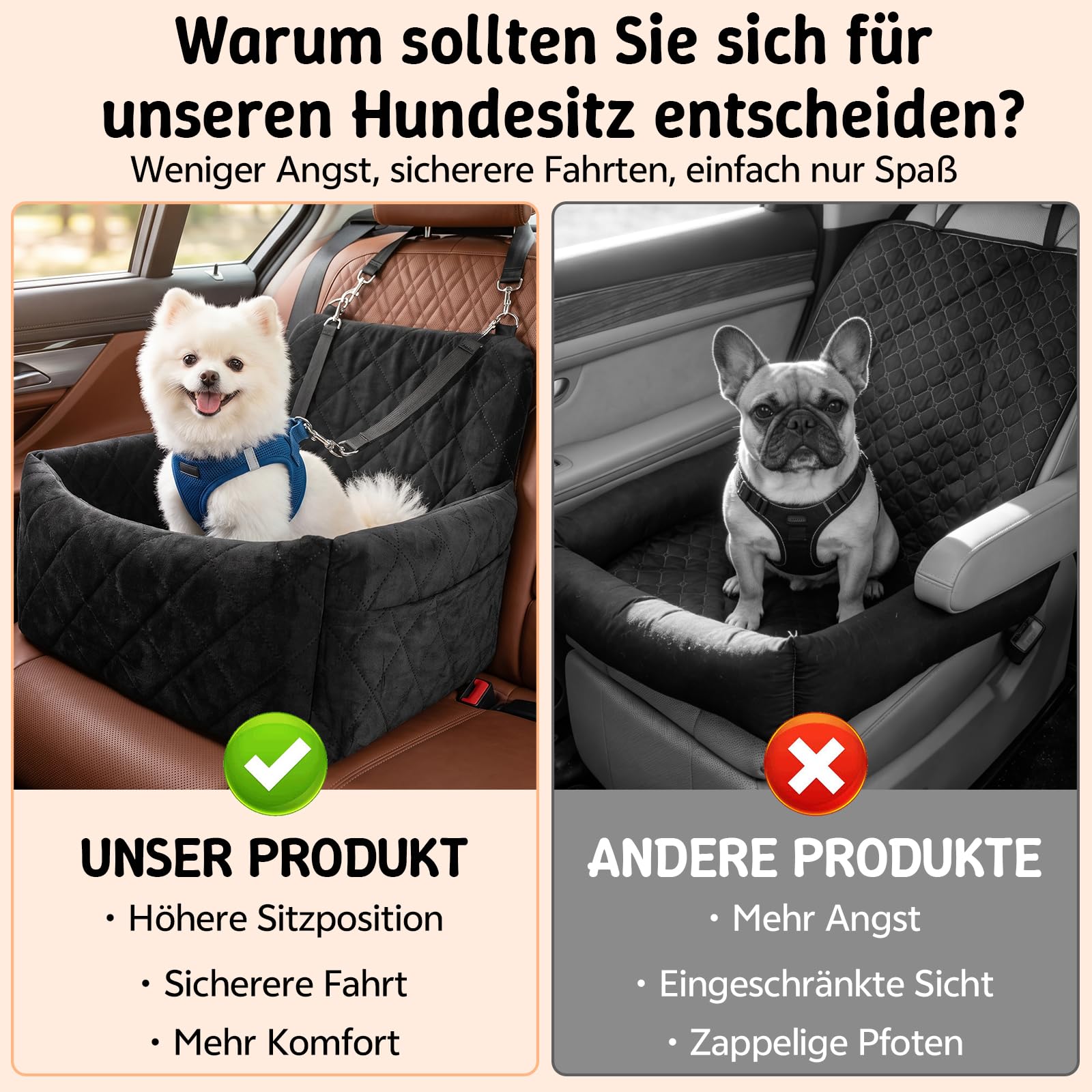 Hundeautositz bis 9 kg, Memory-Schaum Hundebooster mit Plüsch-Samt-Bezug, Rutschfeste Unterseite & 2 Sicherheitsgurte, Waschbares Reise-Hundebett mit Sicherheitsleine, 45x45x34cm