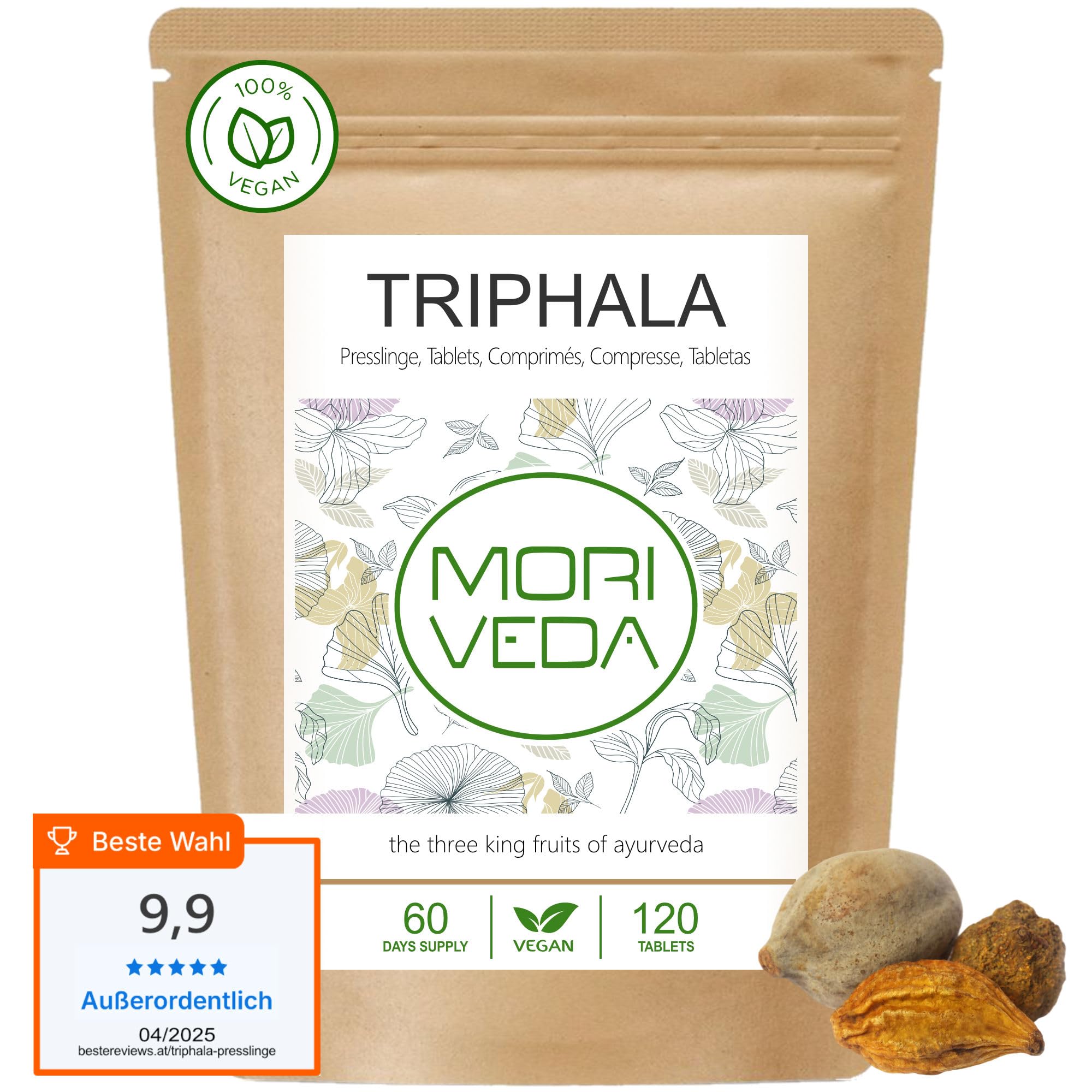 Triphala pellet 1000mg (120 o 360 pezzi) frutti reali ayurvedici Amla (Amalaki), Hiritaki, Bibhitaki - Prodotto di qualità di MoriVeda (120 compresse)