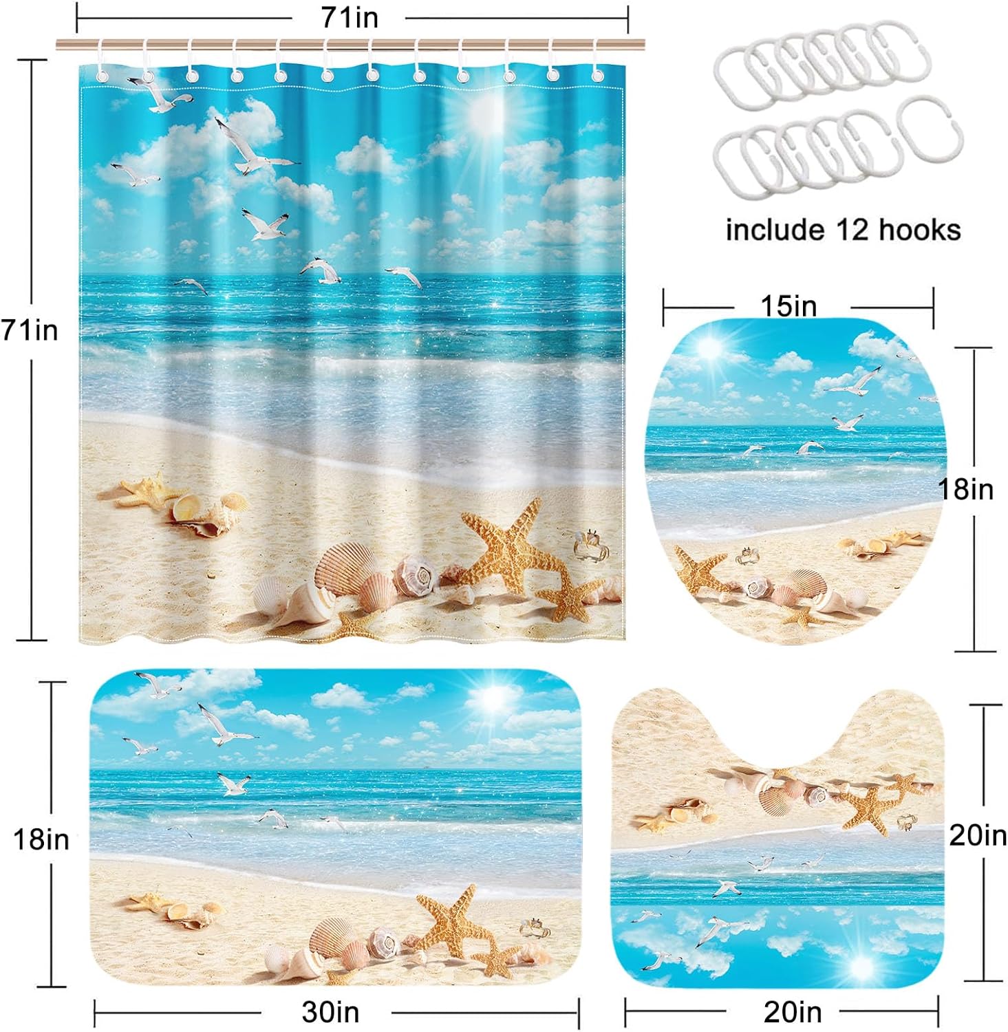 Mocsicka Ocean Beach Shower Curtain Set for Bathroom, 4Pcs Summer Beach Shells Nautical Coastal Bathroom Sets with Non Slip Rugs, Toilet Lid Cover, Bath Mat, Shower Curtain, Bath Decor with 12 Hooks
