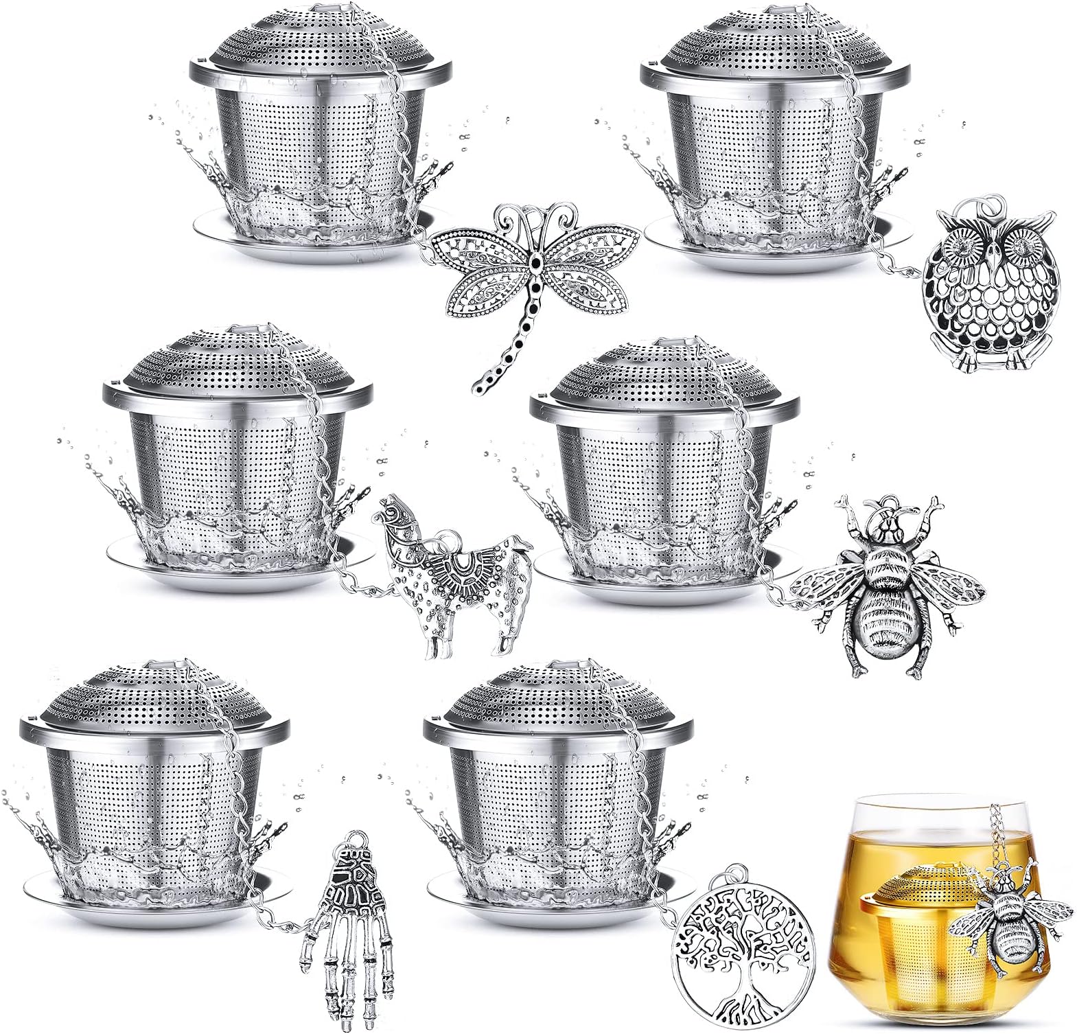 Retro Style Tea Leaf Mesh Strainer Infuser Set - 6 Pcs Stainless Steel Tea Ball Strainer with Charm Pendant & Extended Chain Hook