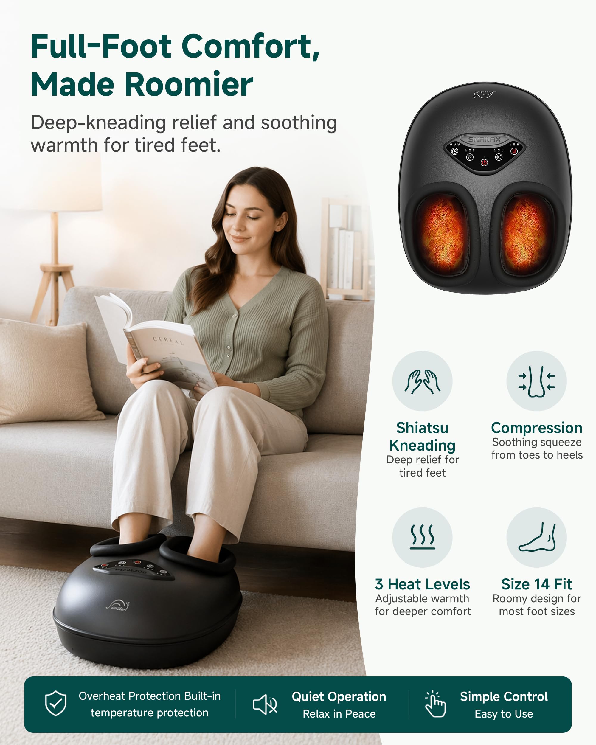 Snailax Shiatsu-Fußmassagegerät für Plantarfasziitis, tiefes Kneten, Kompression, Vibration, Geschenk für Männer und Frauen, passend für Größe bis zu 35,6 cm