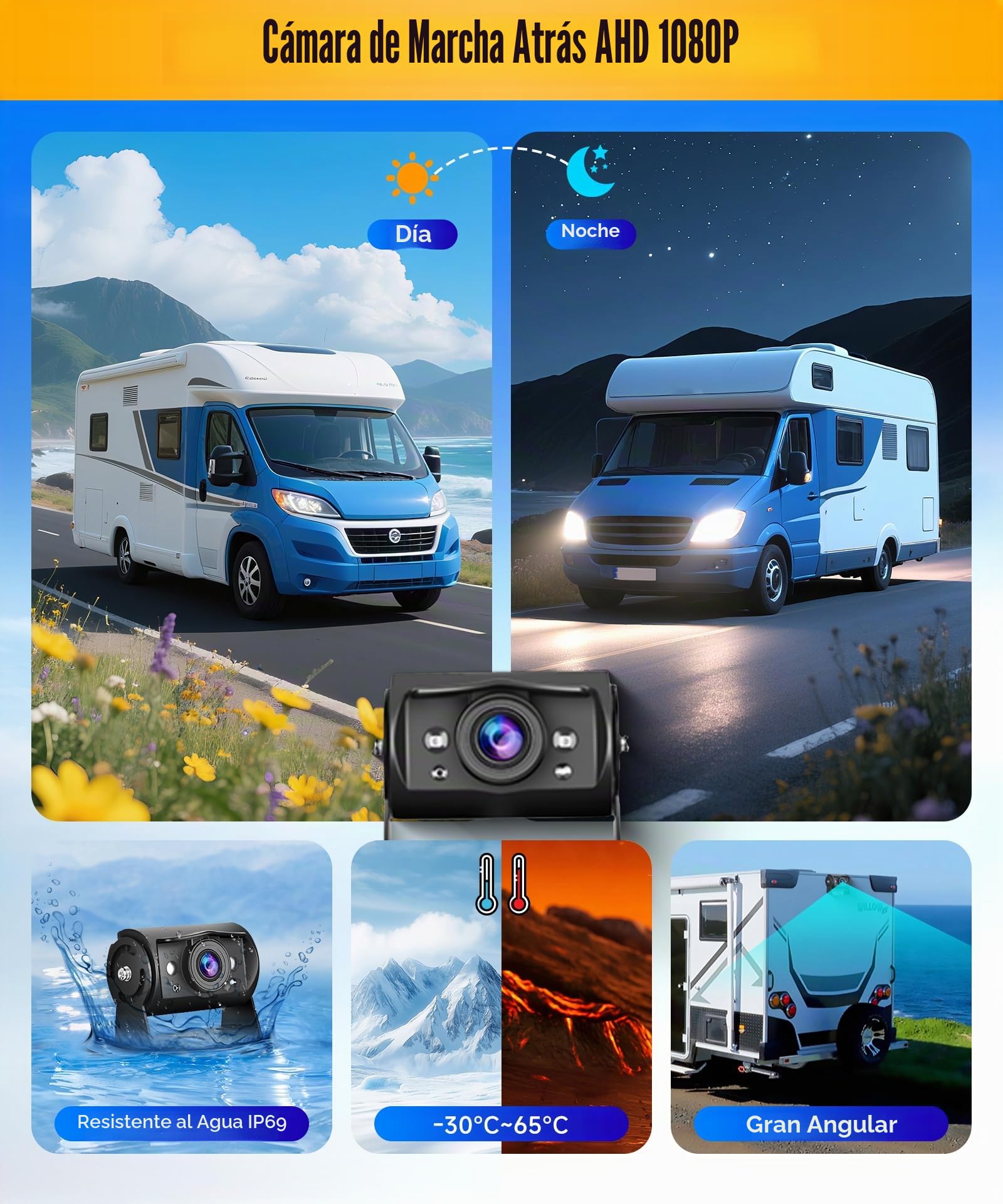 VECHTEL 1080P Cable para cámara de visión Trasera (2 Unidades) con Monitor IPS de 7 Pulgadas, Pantalla Dividida, IP69 AHD visión Nocturna para SUV,camión, Autocaravana,con Visera,Cable de 15 m
