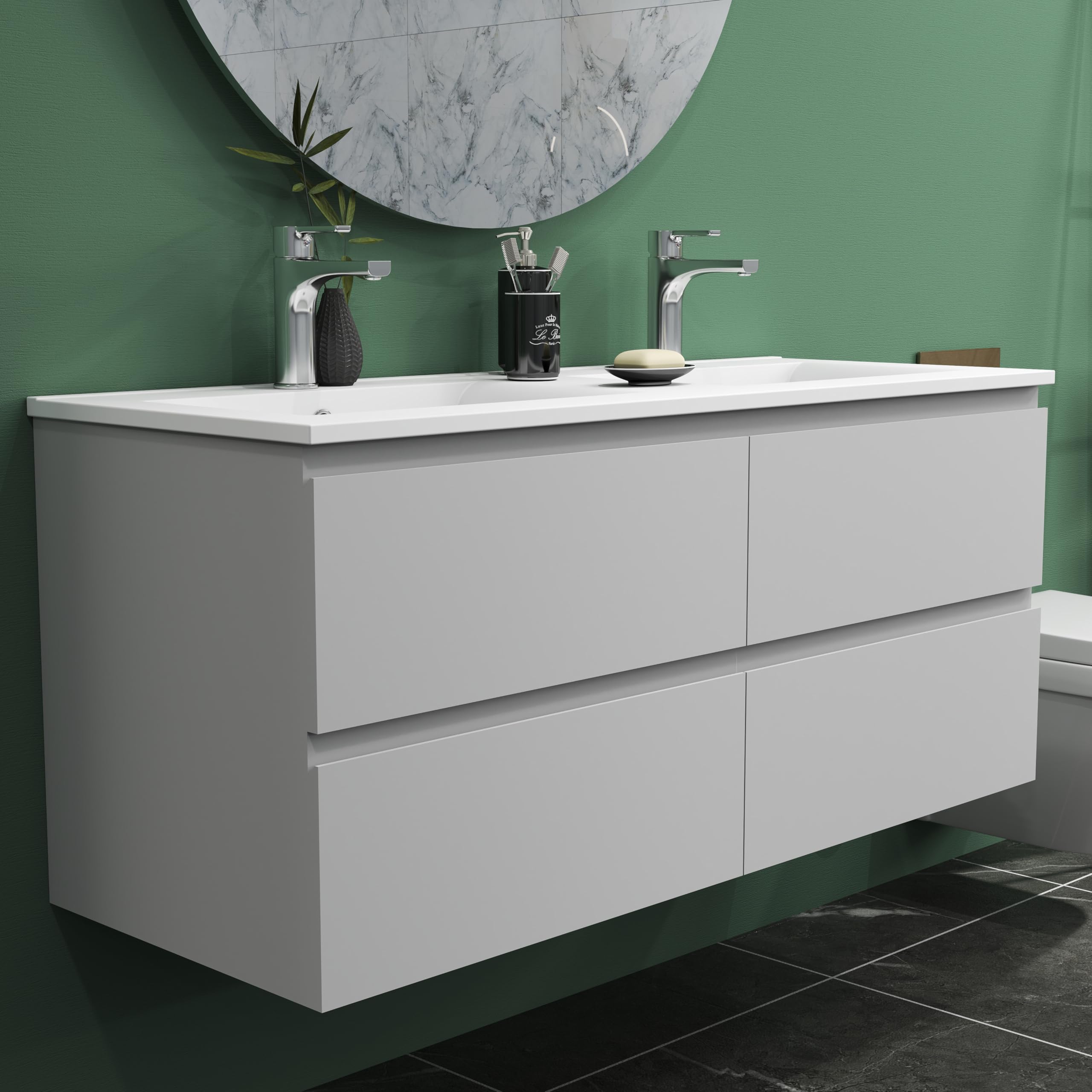 Mueble de baño,120 x 46 x 52 cm, Armario de baño AICA, con 4 cajones, Amplio Espacio de Almacenamiento, diseño Moderno, Color Blanco y Color Roble.