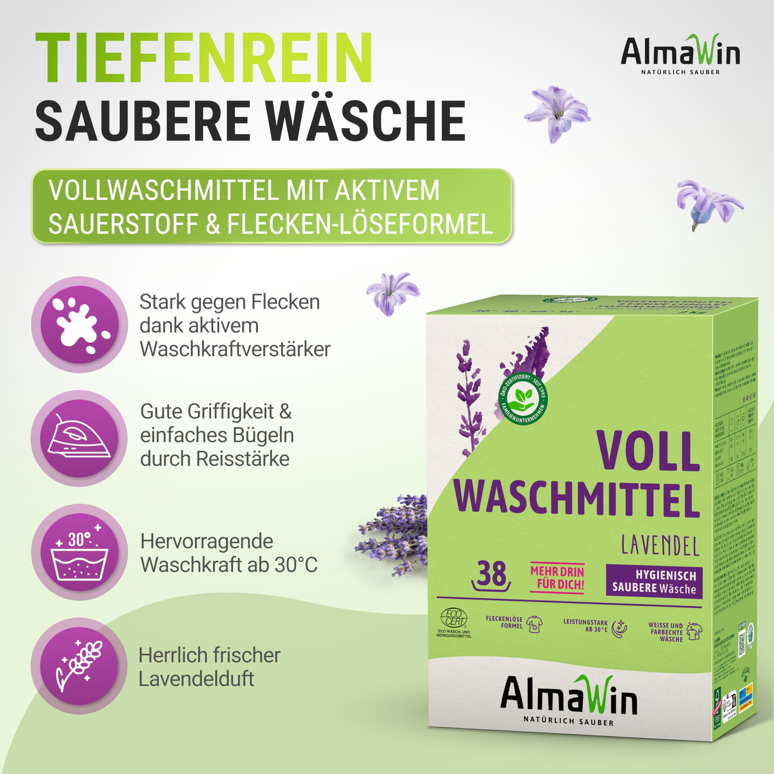 AlmaWin® Vollwaschmittel Pulver [6x 2kg - 228 Ladungen] mit Lavendel-Duft für strahlende Reinheit - Waschmittel Pulver für alle weißen & farbechten Textilien [30-95°C] - Veganes Voll-Waschpulver