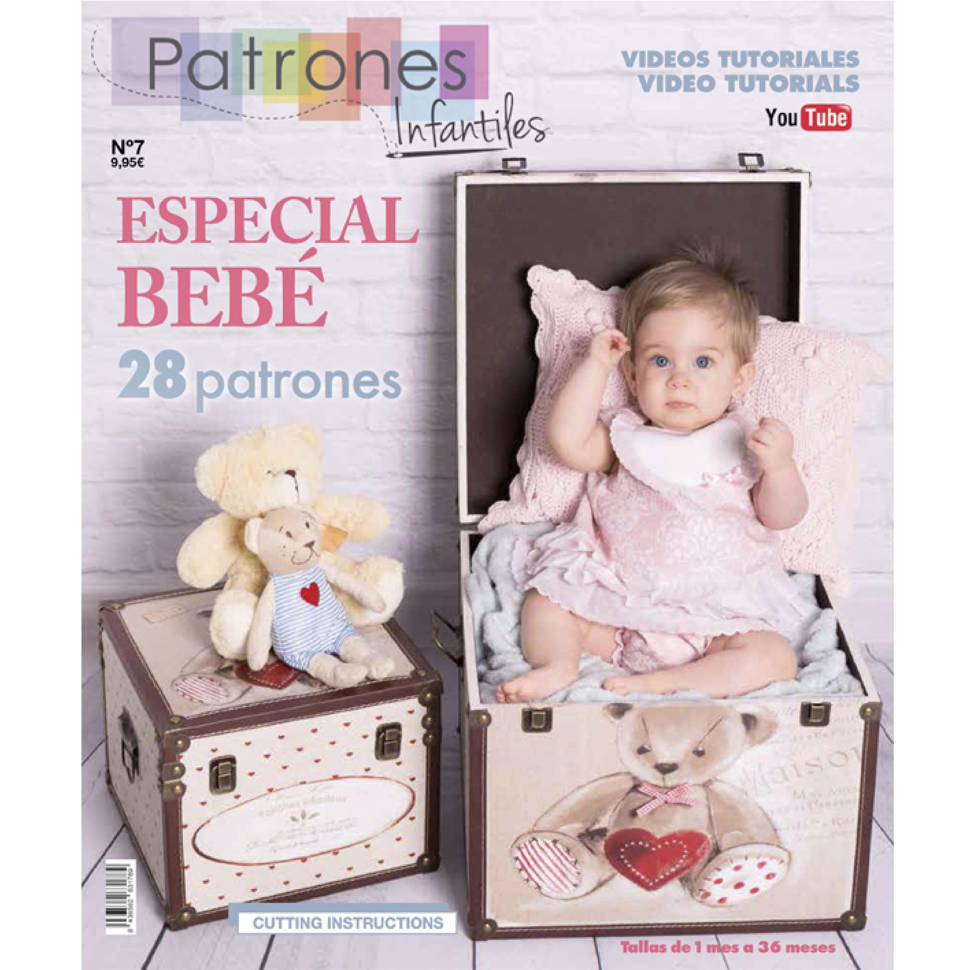 Revista patrones de costura infantil, nº 7. Especial bebé, 28 modelos de patrones, Tallas de 1 mes a 36 meses. Tutoriales en vídeo(Youtube). Cutting instructions.