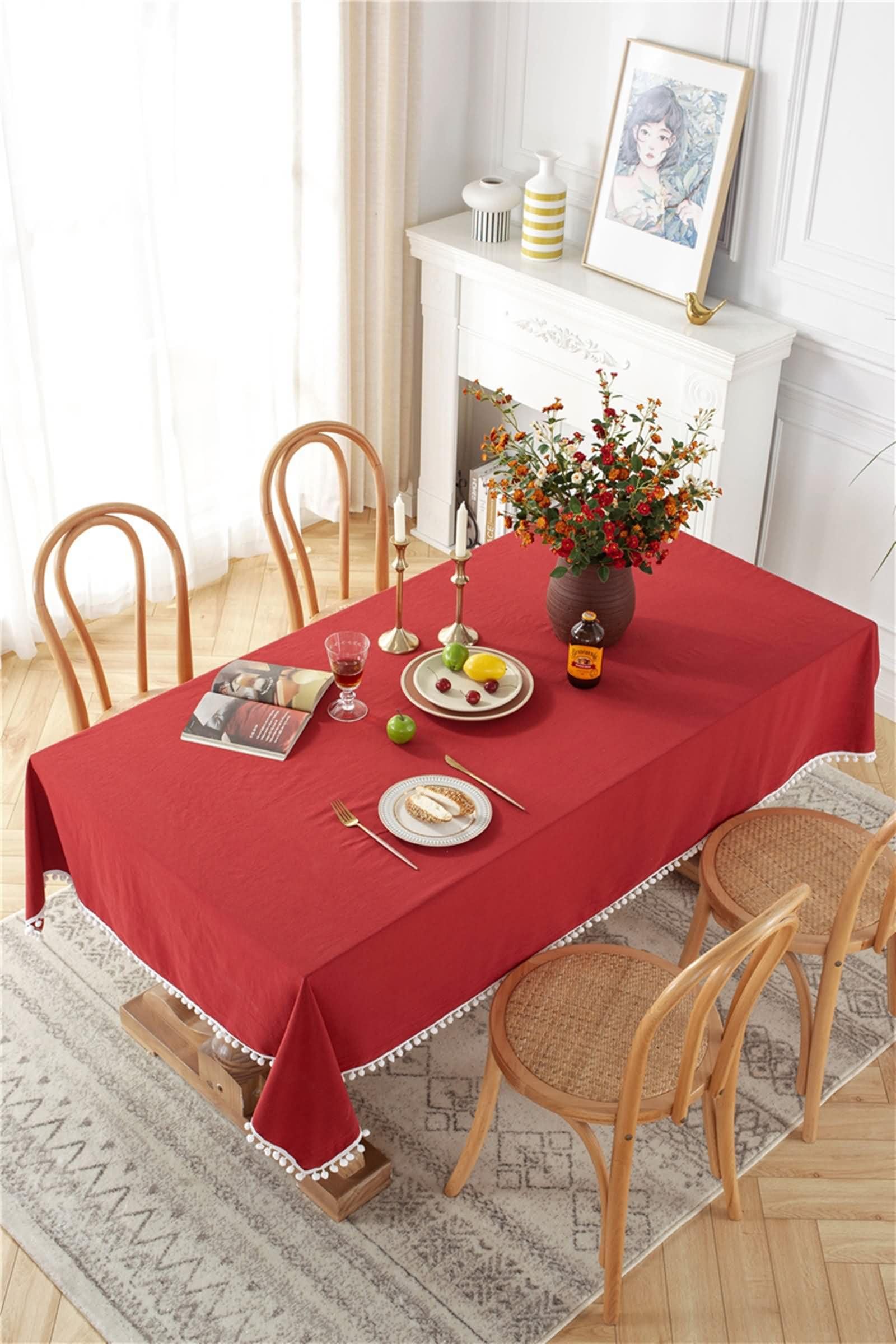 Mantel Antimanchas y Lavable Rectangular Rojo Mesa, Color Sólido con Pompones, de Algodón Lavable, 140 x 250 cm, Mantel para Comedor y Cocina