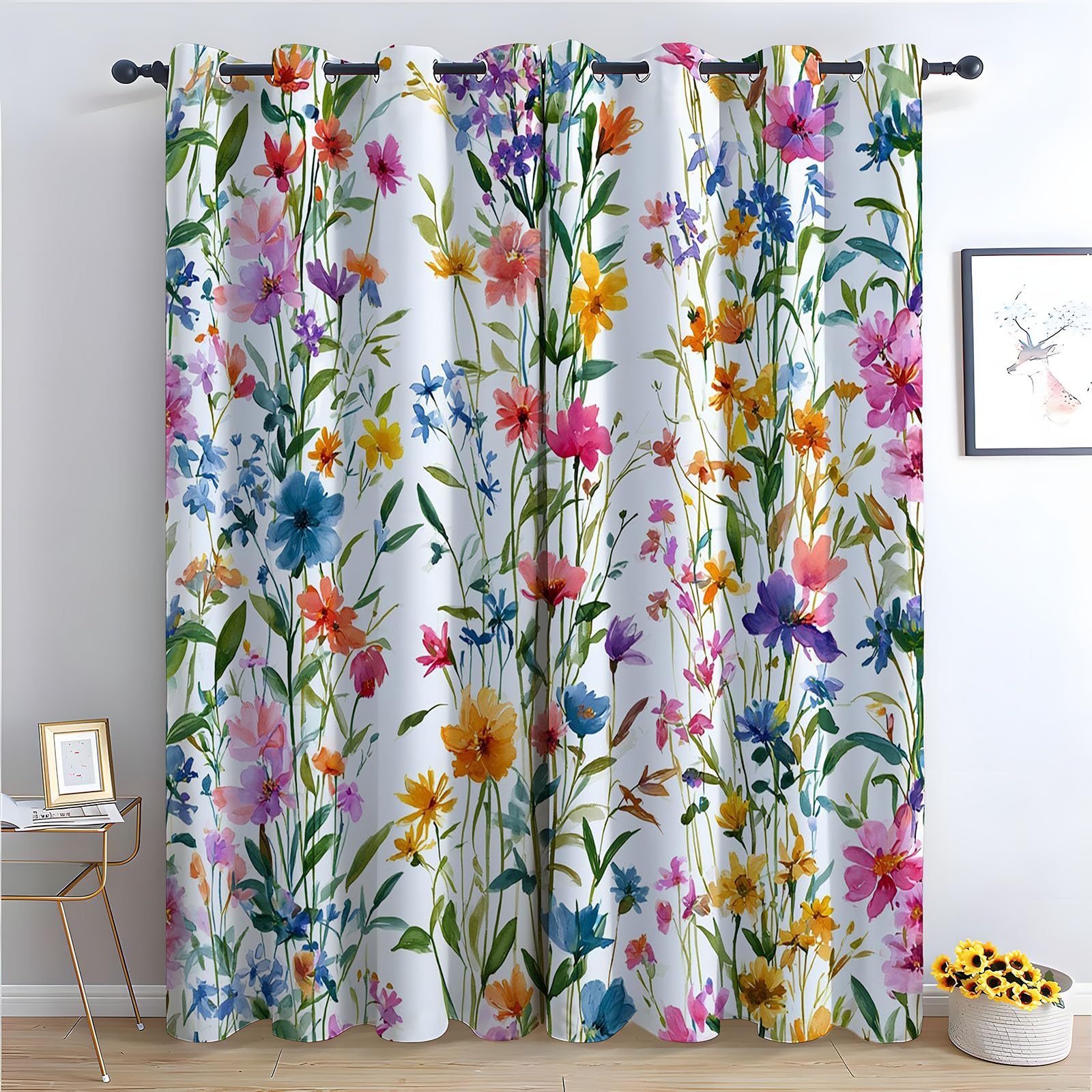TERUEA Green Blackout Curtains for Bedroom Bright watercolor wildflower Curtains Natural Autumn Scenery Landscape pattern-52 W x 72" L (Pack of 2)