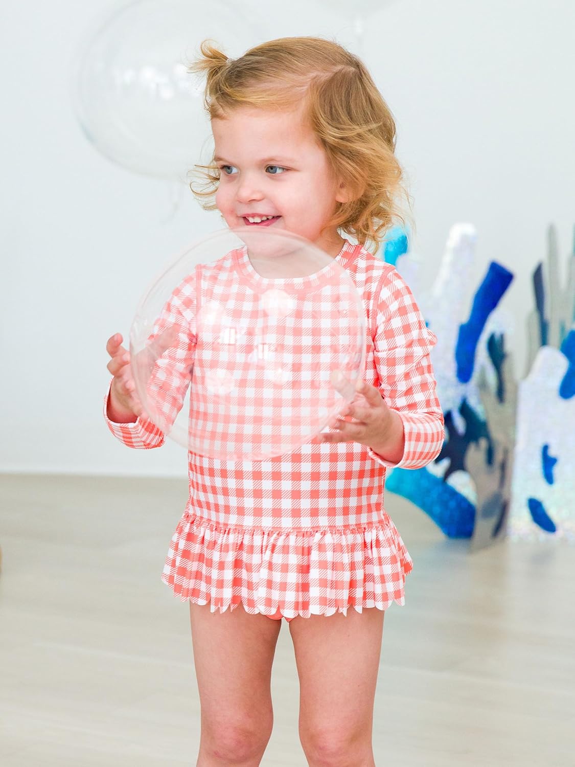 RuffleButts Baby/Toddler Girls Scalloped Long Sleeve Rash Guard 2-Piece UPF50+ Sun Protected Swimsuit - Image 2