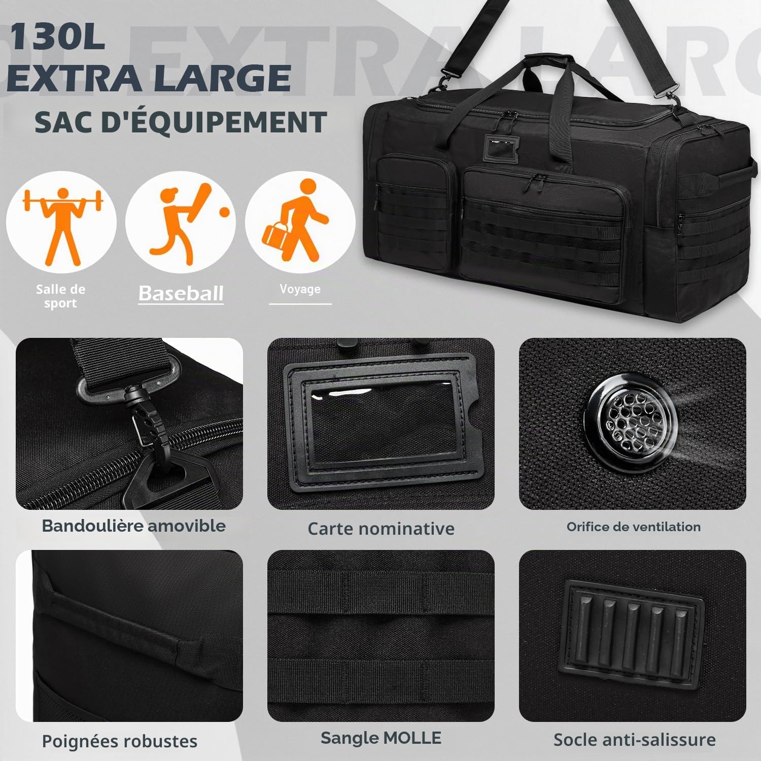 Sac de Sport et d'équipement Nylon 130L Grand Sac de Voyage pour Homme | Pliable avec Compartiment à Chaussures et réfrigéré, Bandoulière, XXL sac de sport pliable pour sauna salle Week-End