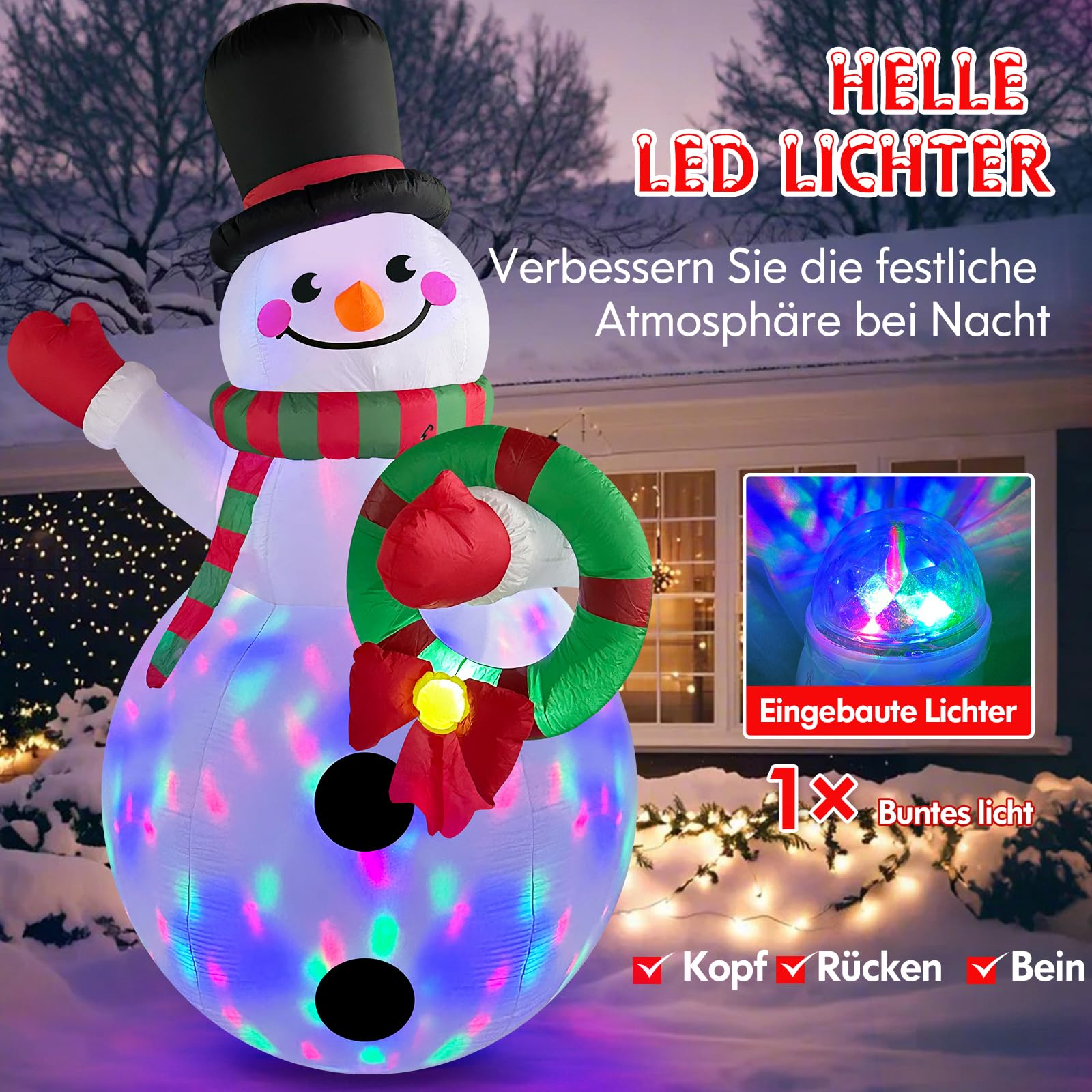 1,83M Muñeco de Nieve Navideño Inflable con Luces LED Giratorias de Colores