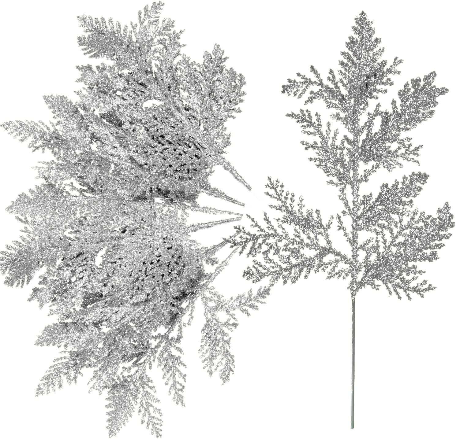 BOBBYQ 20 Pcs Christmas Glitter Artificial Pine Needles, Glitter Picks for Christmas Tree, for Flower Greenery Xmas Tree Wreaths and Home Garden Decor (Silver)