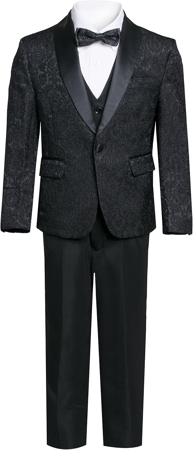 Boys Premium Paisley Patterned Shawl Lapel Tuxedos - Many Colors (5, Black on Black)