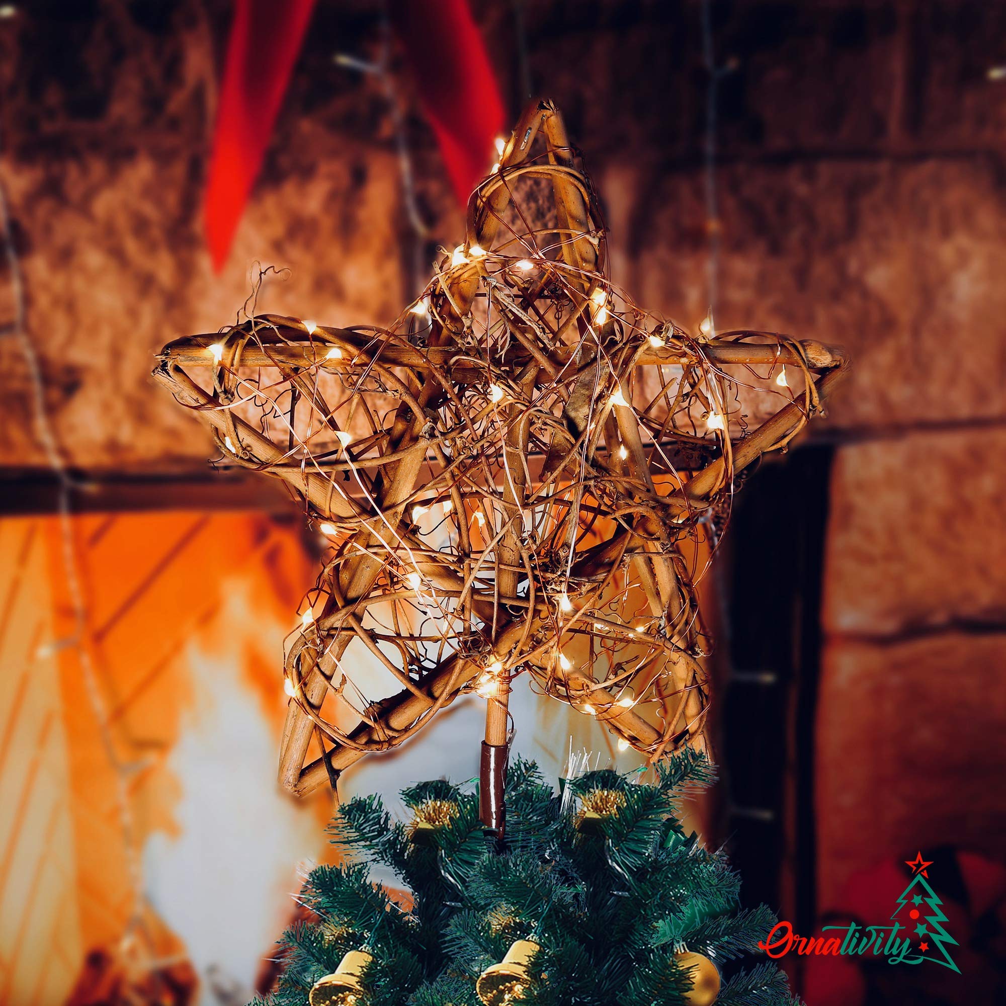 Ornativity Étoile de sapin de Noël en rotin - Décoration de Noël rustique à LED