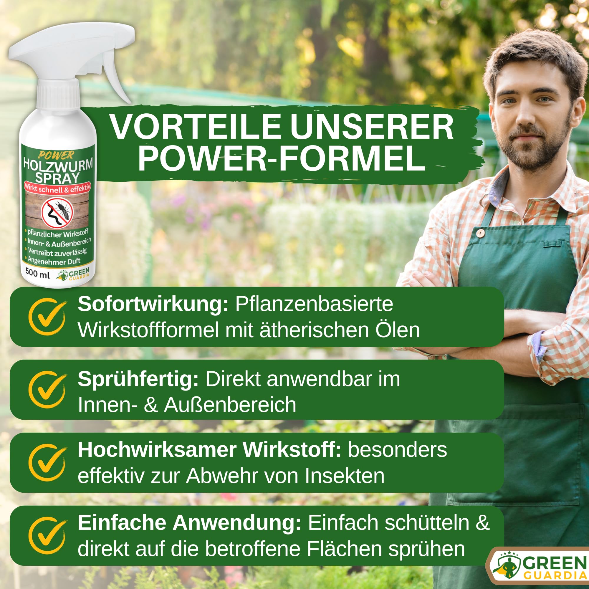 GREEN GUARDIA Holzwurm Abwehrspray 500 ml - Sprühfertiges Konzentrat mit Langzeitwirkung gegen Holzbock & Holzwurm - Mittel gegen Holzwürmer für innen - Effektives Holzwurmmittel & Holzwurmschutz