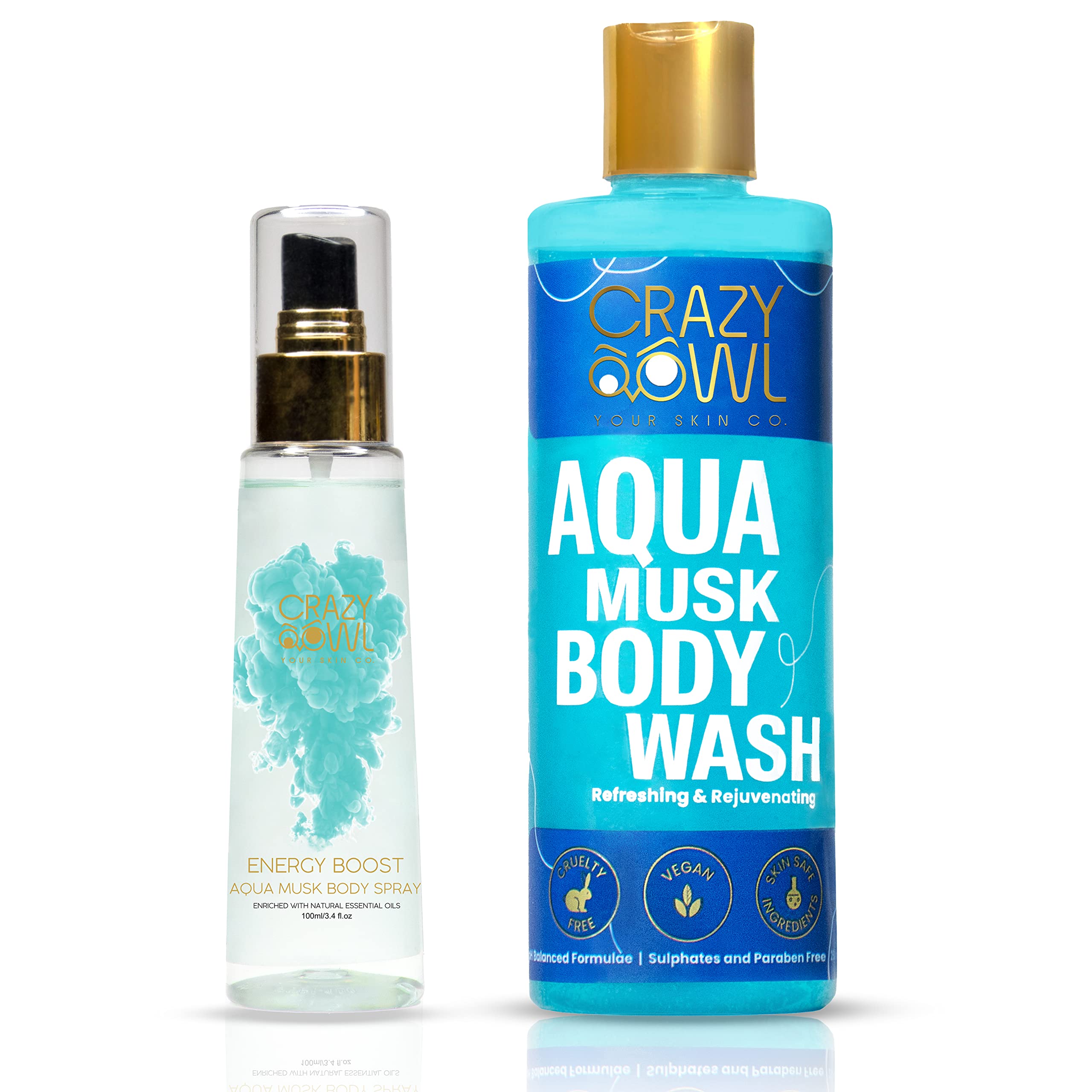 CRAZY OWL Aqua Musk Body Spray Deodorant With Body Wash Shower Gel - Long Lasting Fragrance, No Gas, Daily Detox, Radiant Glow For All age group Unisex - Combo Pack 2