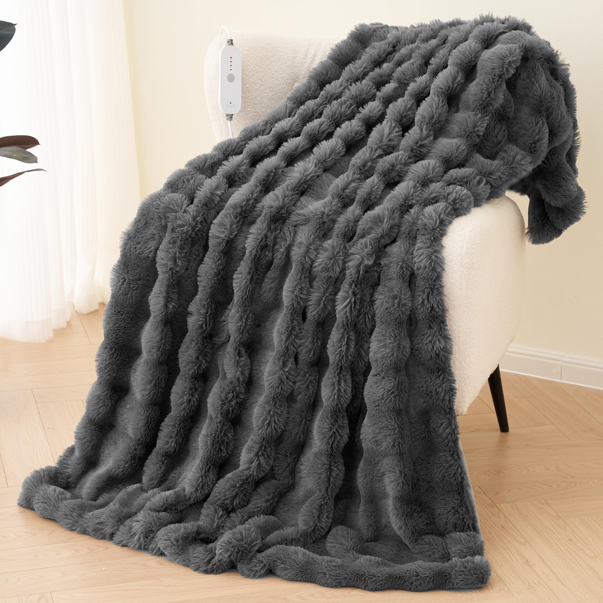 Elektryczny Koc Grzewczy 150x200 cm, Puchaty Wzór Bąbelków z Polarem Króliczym i Flanelą, 4 Poziomy Grzania, Auto-Wyłącznik 10H, Nadaje się do Prania w Praniu Maszynowym do Łóżka, Sofy, Biura (Szary)