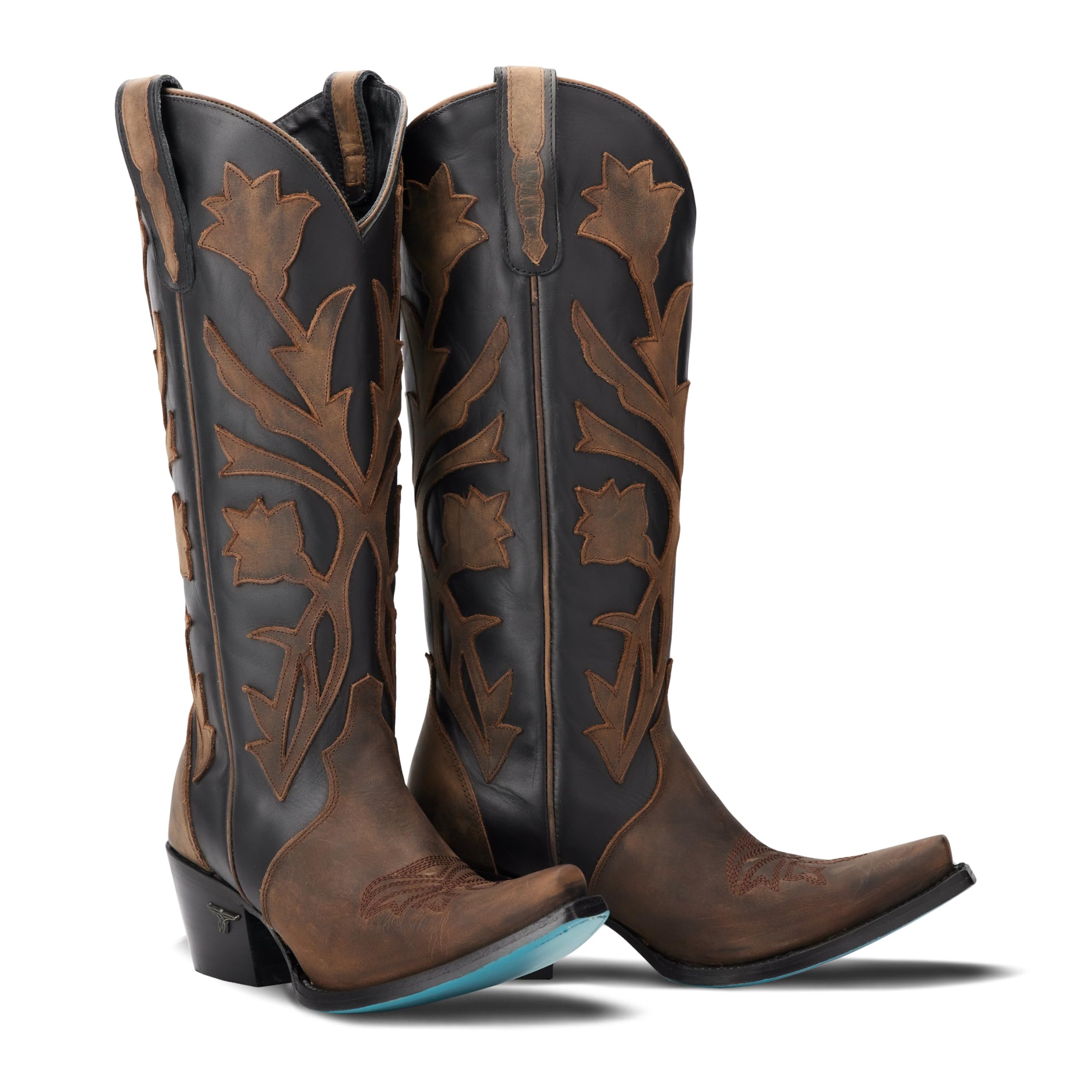 Lane Womens Jolene Tooled Inlay Floral Snip Toe Casual Boots Knee High Mid Heel 2-3" - Brown